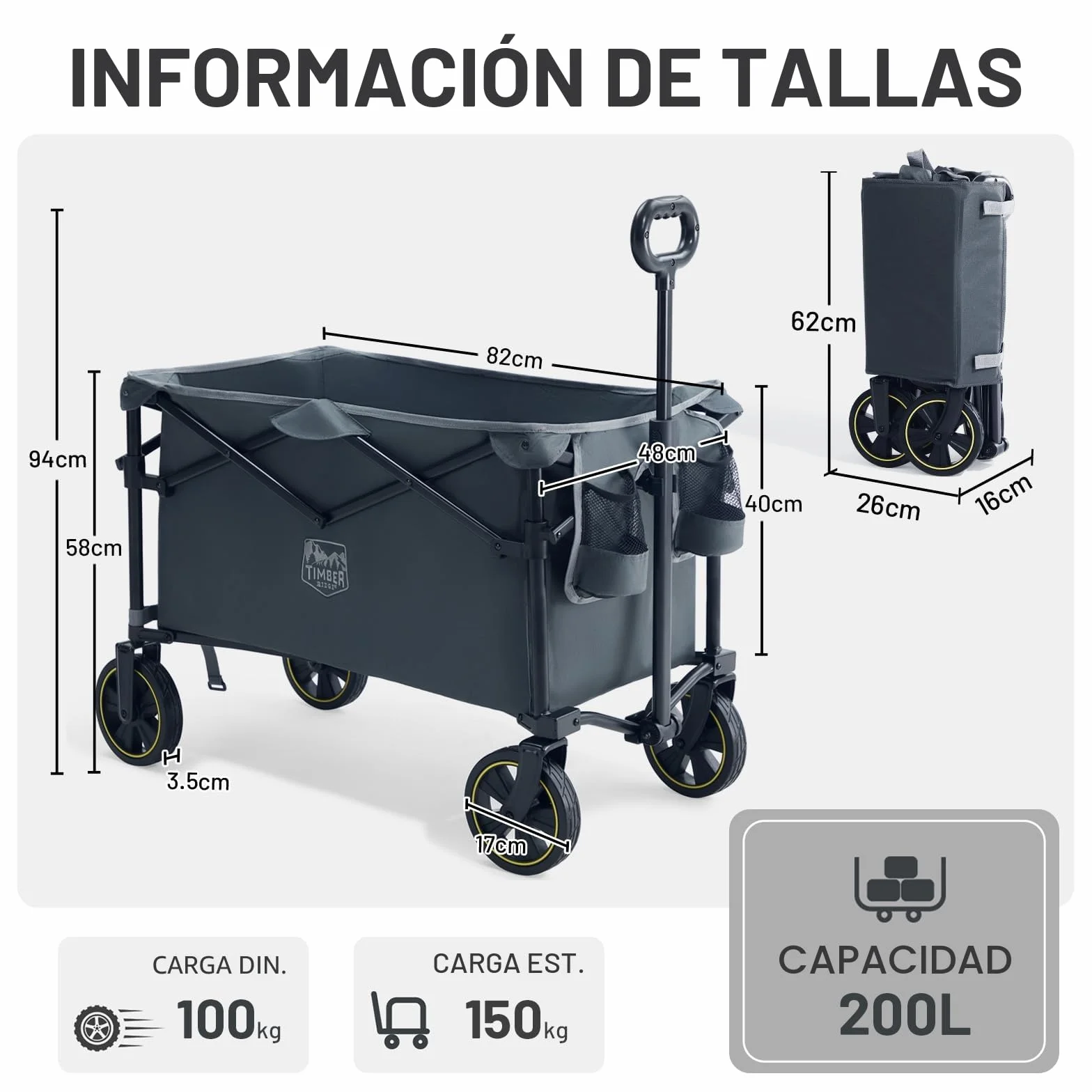 TIMBER RIDGE Carro Camping Plegable 200L con Portavasos Mango Ajustable Carro de Jardín para Todos los Terrenos Al Aire Libre Camping Compras Pesca Carga MAX 150kg