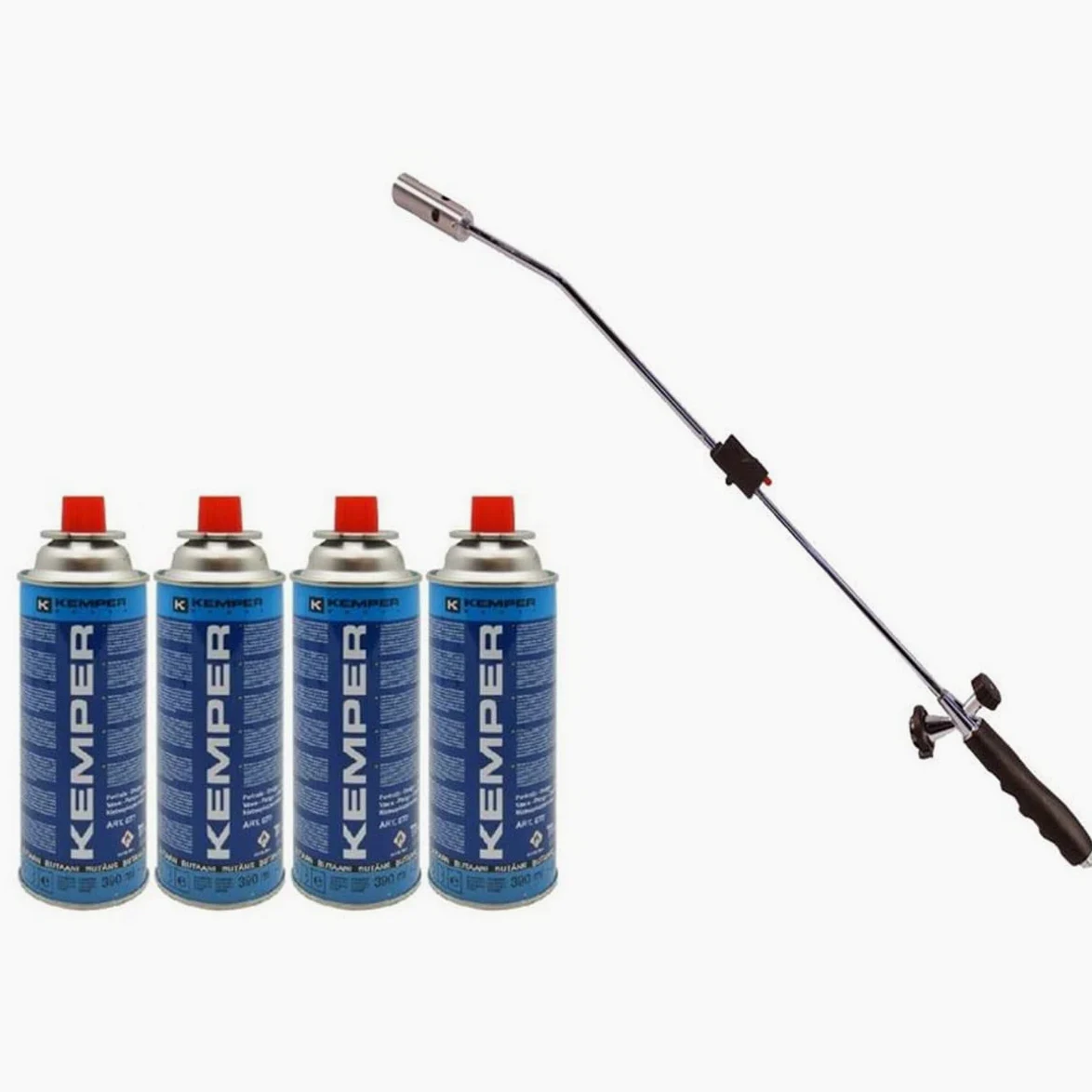 Desherbador térmico piezo KEMPER soplete de gas + 4 recambios de gas, brule hierbas ecológicas