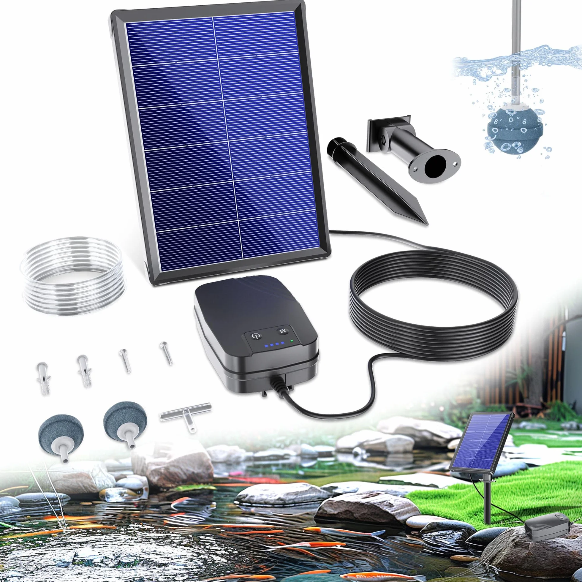 Biling Bomba de Oxígeno para Estanque Solar, 4W Bomba de Oxígeno con 2200mAh akk, Bomba de Oxígeno para Estanque, 3 Modos, 2 Piedras de Aire para Estanque de Jardín, Pesca, Hidropónica
