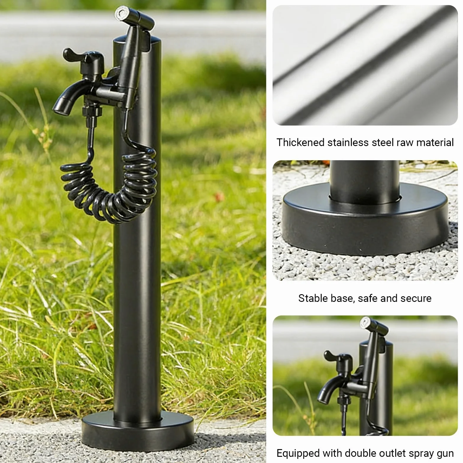 Columna de agua independiente para exteriores con doble grifo, soporte de manguera de acero inoxidable para patio y césped