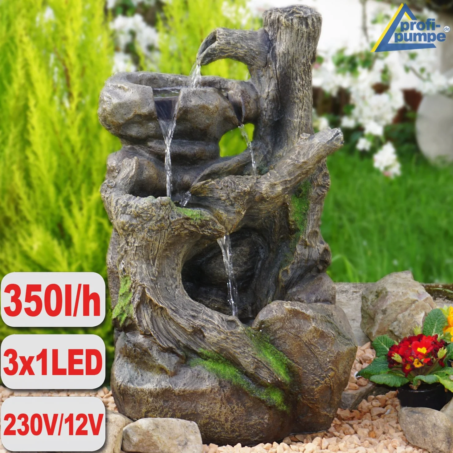 Fuente de Agua Fuente en Cascada Fuente Ornamental Raiz de arbol Fuente de Fuente de Jardin para Jardin, terraza, Balcon con Bomba de Agua y luz LED