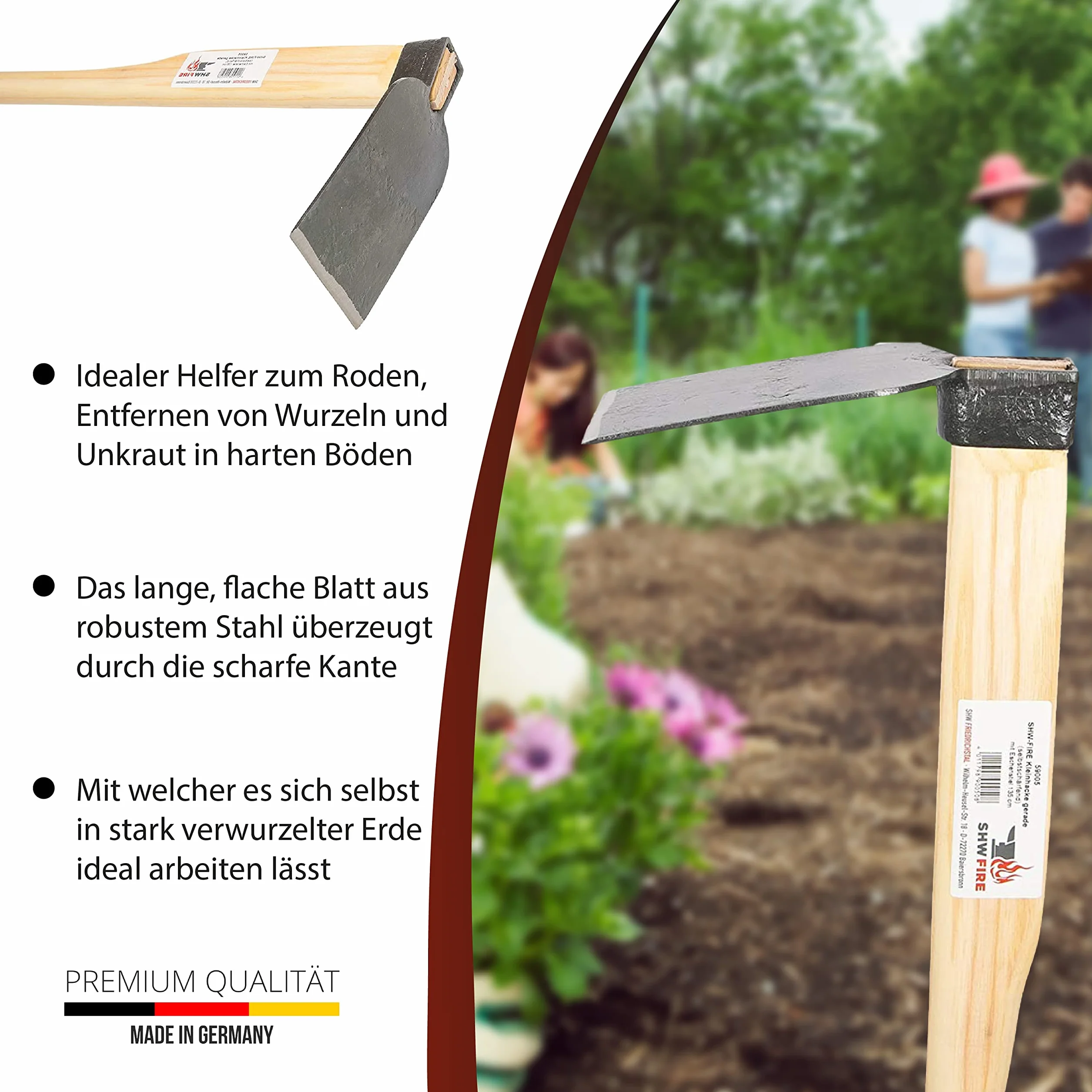 Azada de jardín profesional de acero especial y muy resistente, mango de 135 cm, para suelos blandos y duros de SHW-FIRE