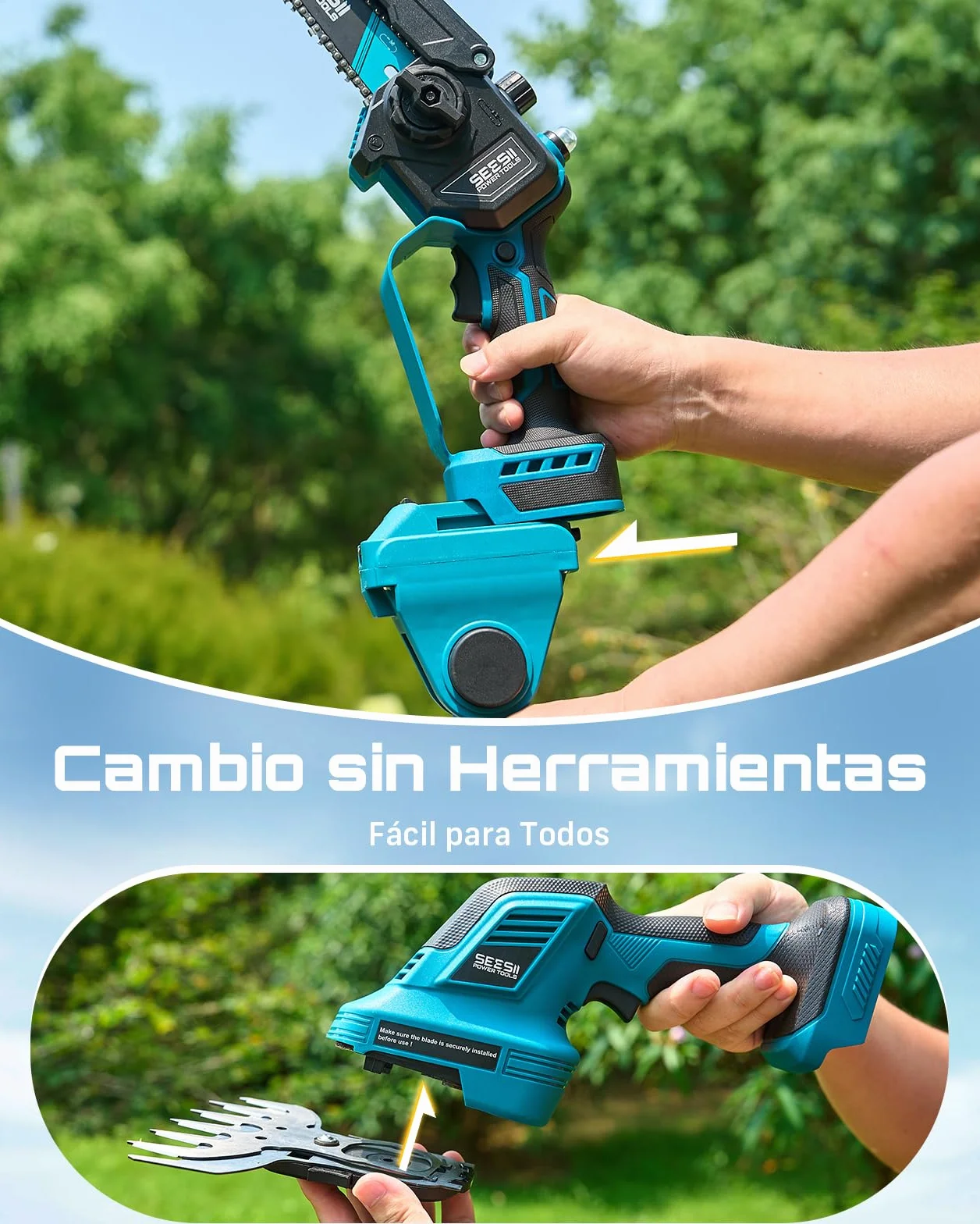 SEESII 6-en-1 Mini Motosierra y Cortasetos a Batería, con 2 * 4000mAh Baterías, Motosierra Electrica con Pértiga Telescópica, Alcance Máximo de hasta 4,57 m, con 30 ml Tanque de Aceite