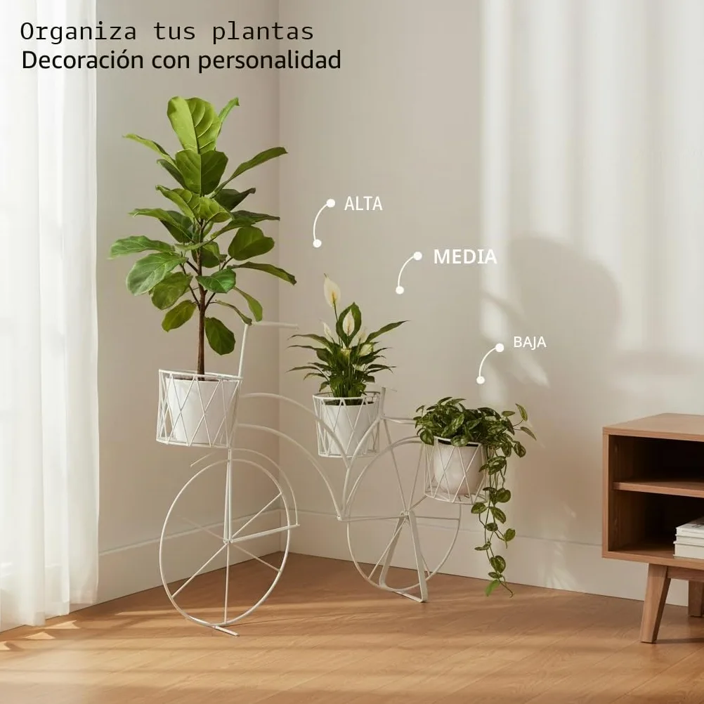 Maceteros Decorativos Interior, Macetas Decorativas Interior, Soporte Plantas Interior, Estanteria Plantas, Decoracion Hogar Vintage, Soporte Para Macetas Hierro - Bicicleta Blanca 3 Cestas 75x40x53cm