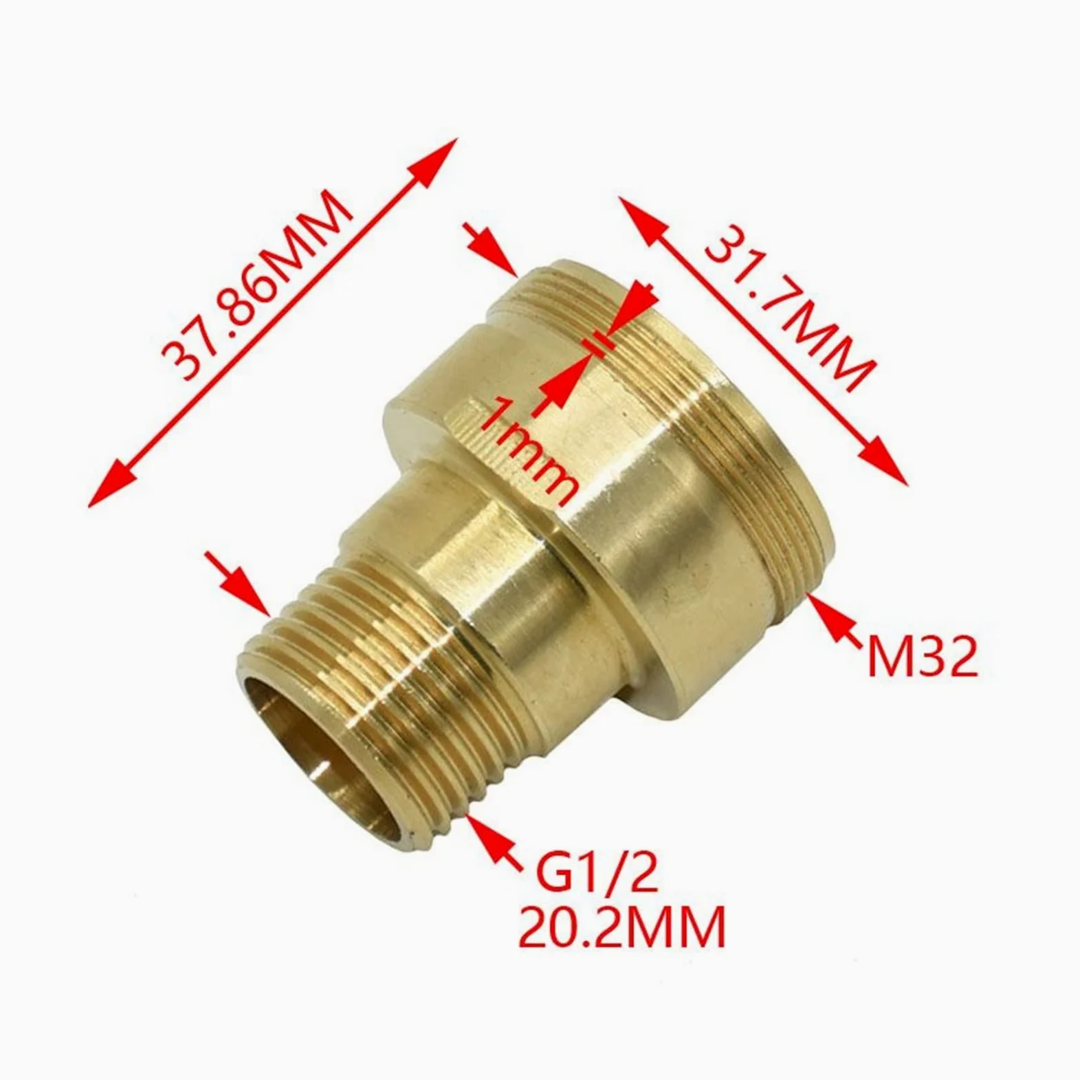 Accesorio de tubería roscada de latón, Conector reductor de buje de latón con rosca, Conector de montaje Conector de latón macho M32 a 1/2 "Conector reductor de grifo de jardín Conector roscado Anunci