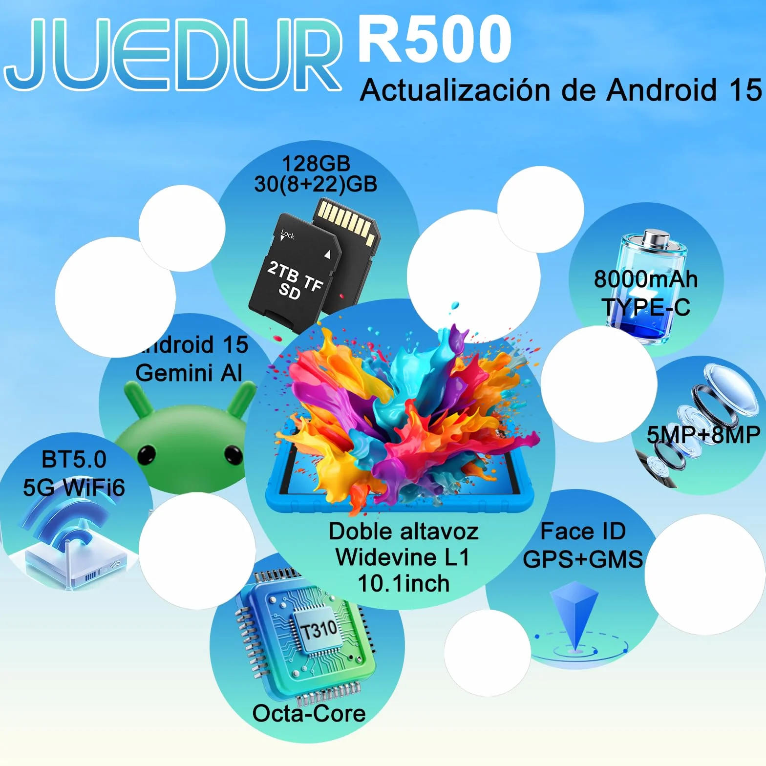 Tablet 10 Pulgadas Android 15 Gemini AI 30+128GB Octa-Core GPS WiFi 6 Widevine L1 8000mAh Control Parental Azul