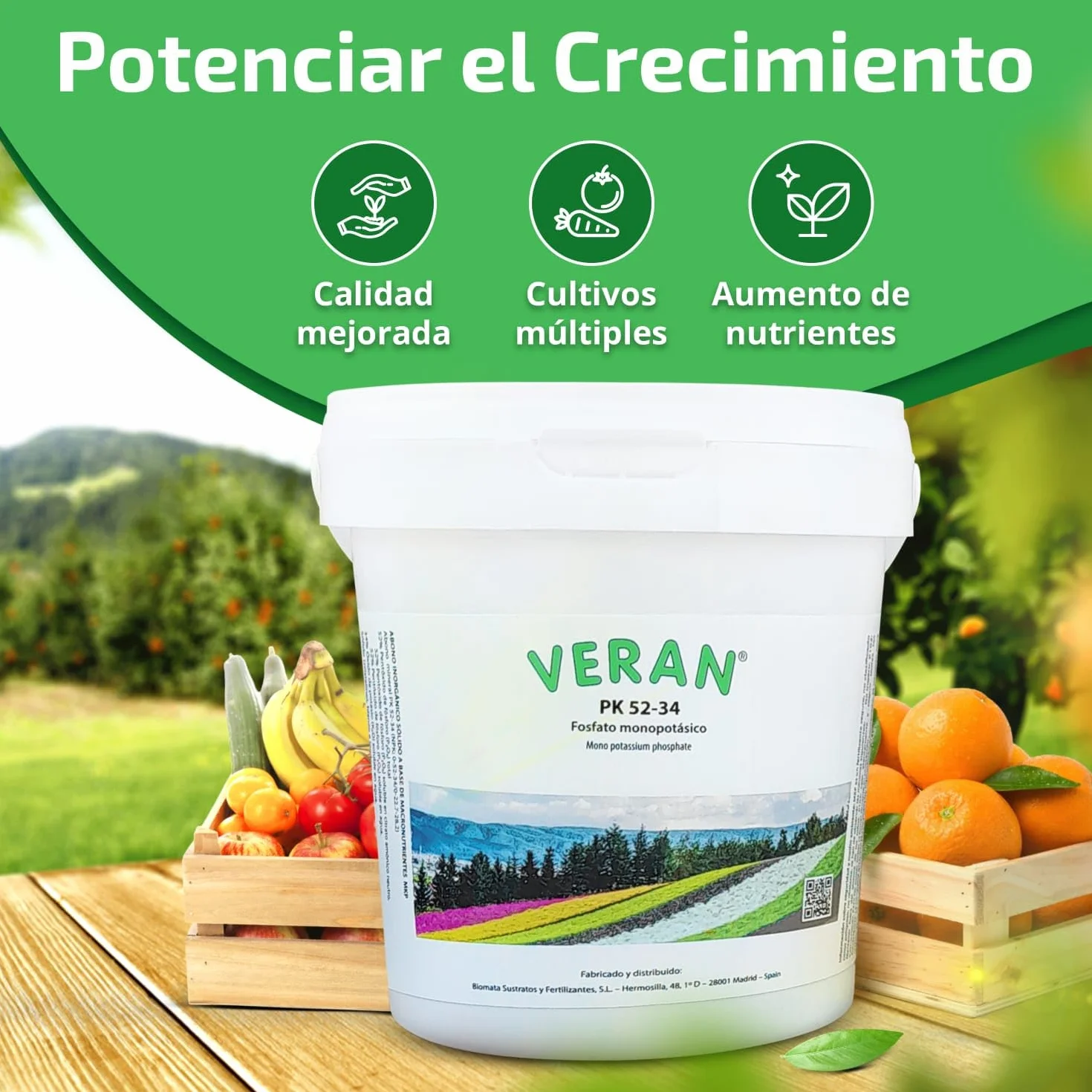 VERAN | Fertilizante Plantas de Flor, Citricos y Huerto PK52-34 | 1KG | Estimula el Crecimiento y el Florecimiento | Hidrosoluble Cristalino Monopotasico + Fosforo | Abono de Fosforo y Potasio