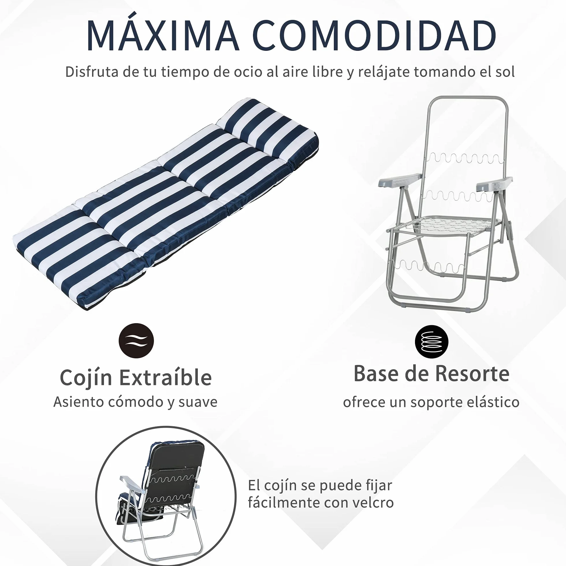 Outsunny Pack de 2 Tumbonas Plegables Tumbonas de Jardín Exterior con Cojín Acolchado, Respaldo Ajustable en 5 Posiciones, Reposapiés y Marco de Acero, 60x75x65-102 cm, Azul y Blanco