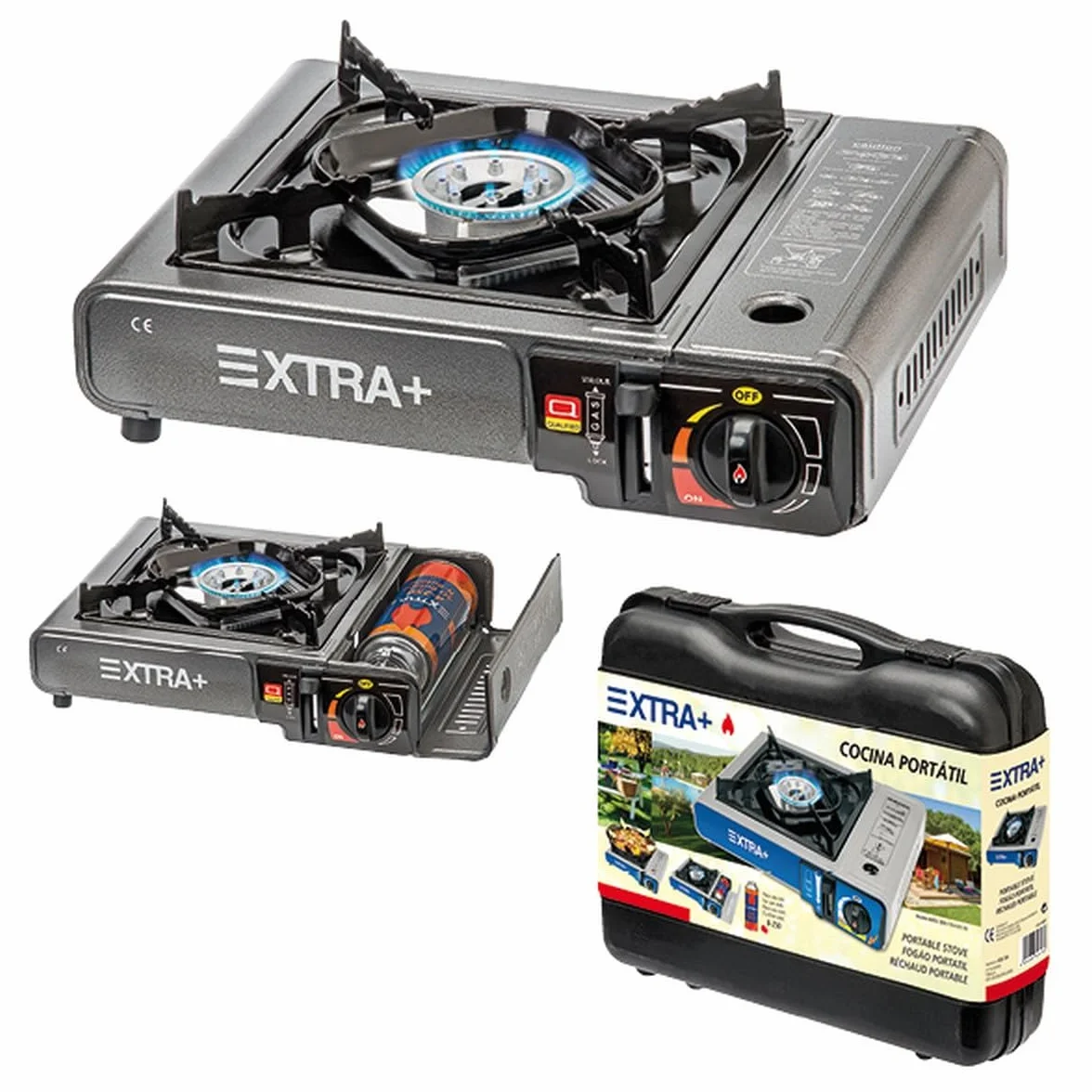 XTRA+ Cocina de Gas Portátil BDZ-155 para Camping con Maletín – Compatible con Cartucho B-250 | Hornillo Compacto para Camping, Playa y Exterior