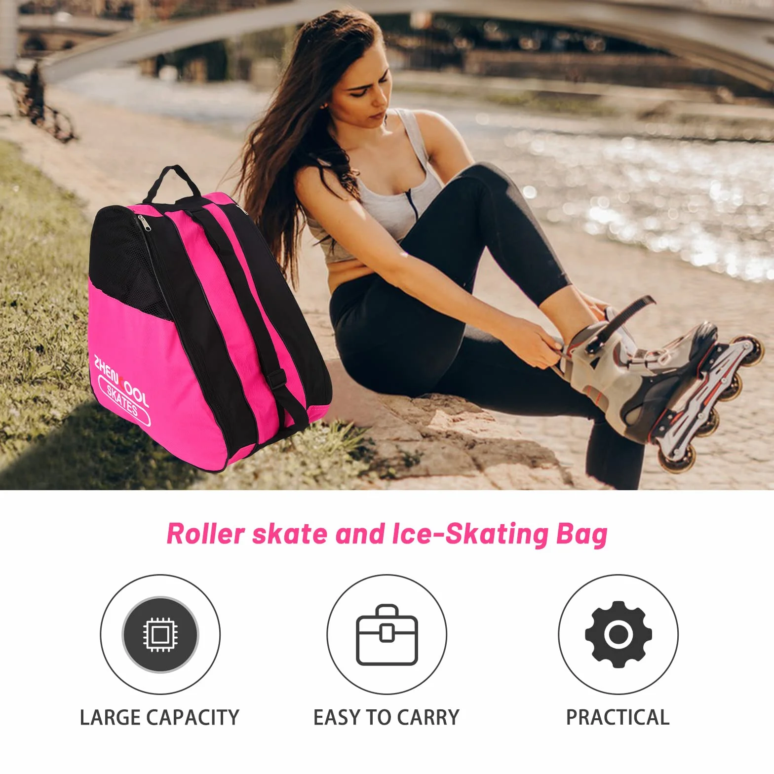 Mochila de Patinaje Bolsa para Patines en Línea Unisex con Correa Ajustable Rosa