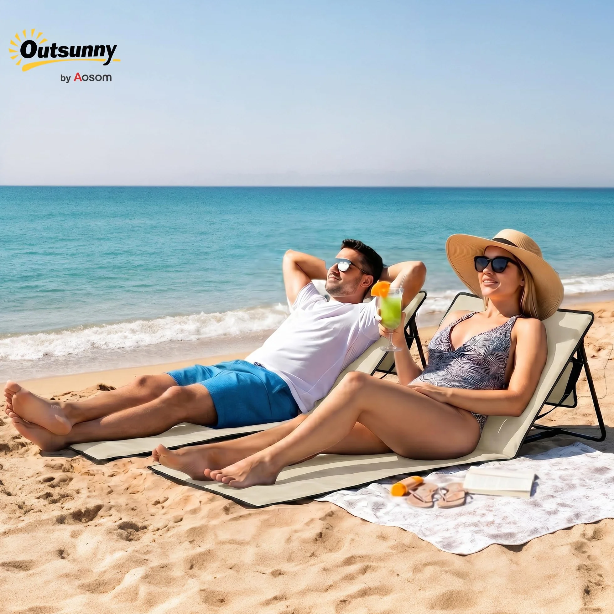 Outsunny Conjunto de 2 Esterillas de Playa Plegable Esteras Acolchadas de Tela Oxford PVC 600D con Respaldo Reclinable y Correa de Transporte para Jardín 142x51x40 cm Beige