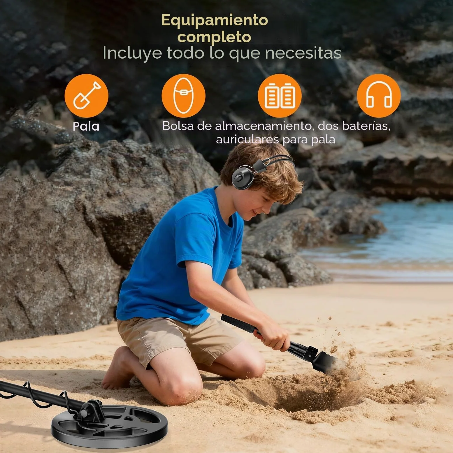 Detector de metales para adultos y niños, bobina impermeable IP68, detector de oro ajustable en altura 94-122cm, profundidad 18cm, diseño ligero para oro, monedas, búsqueda en playa(Azul-Negro (Juego)