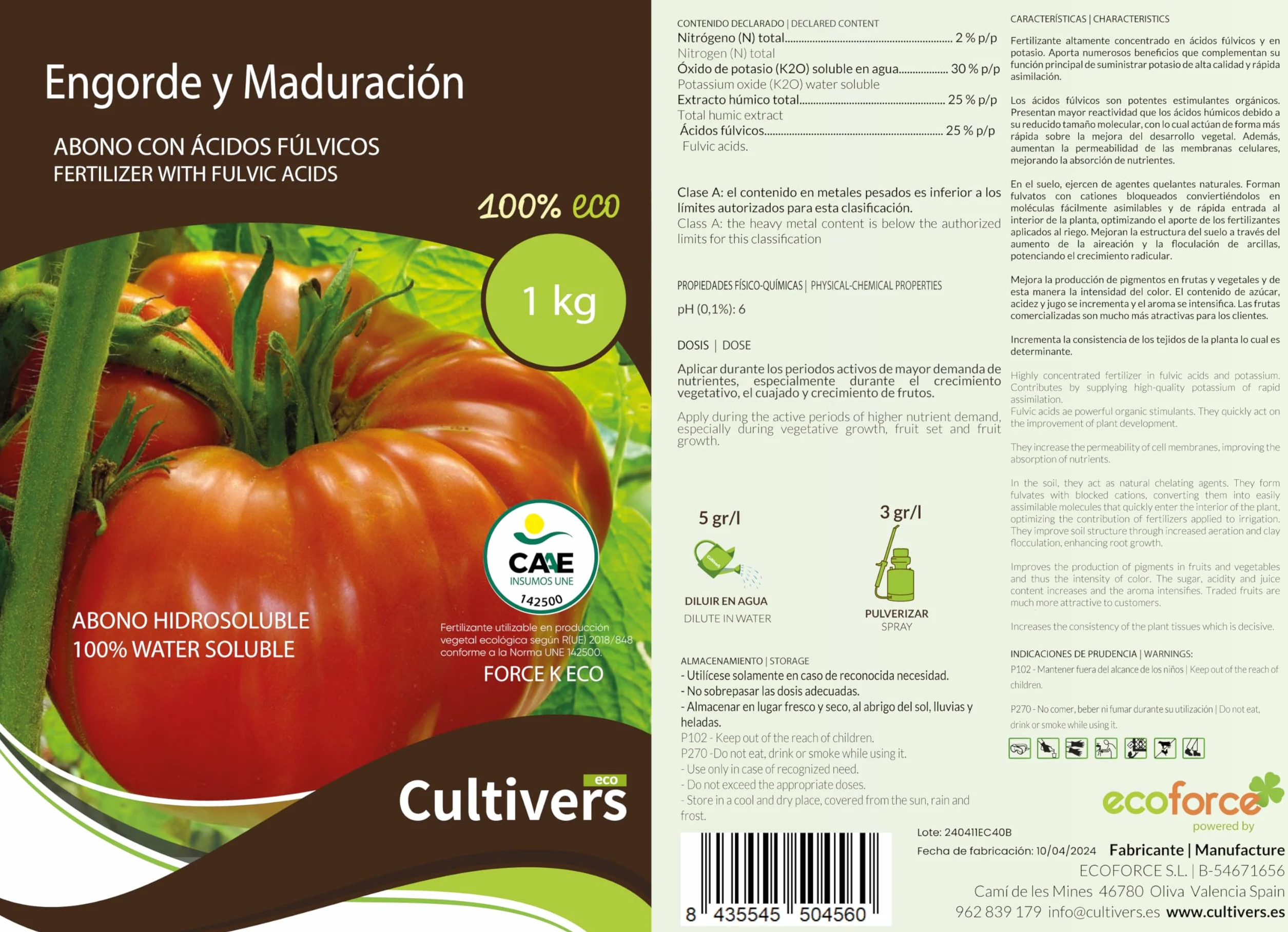 CULTIVERS Abono Engorde y Maduración Ecológico 2x1 kg. Fertilizante Potasio Quelatado con pH Neutro para el Aumento de los Frutos. Force K