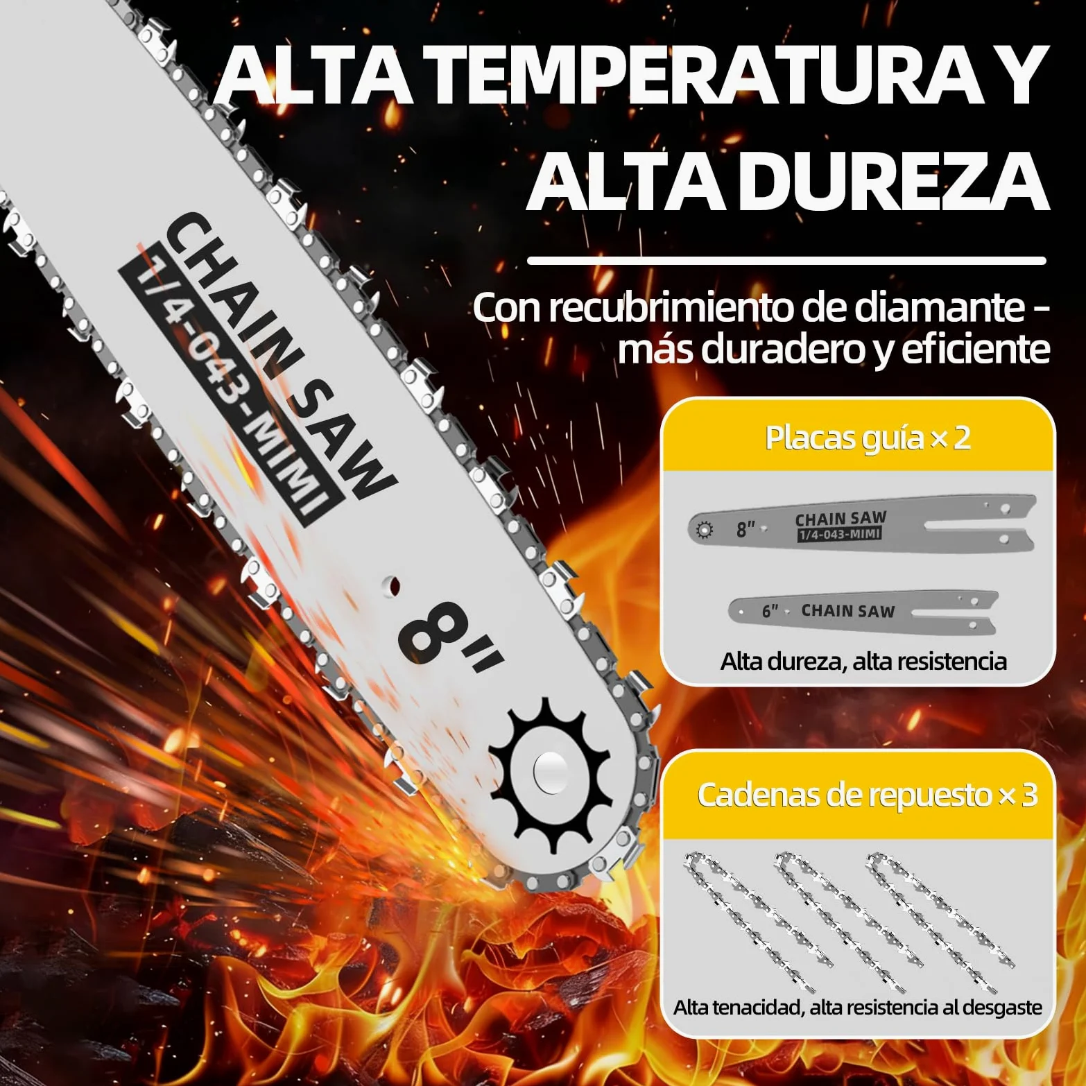 Mini motosierra inalámbrica 8" y 6", engrase automático, cadena repuesto, motor brushless 1200W, 2 baterías 4000mAh – Poda, jardín y corte madera