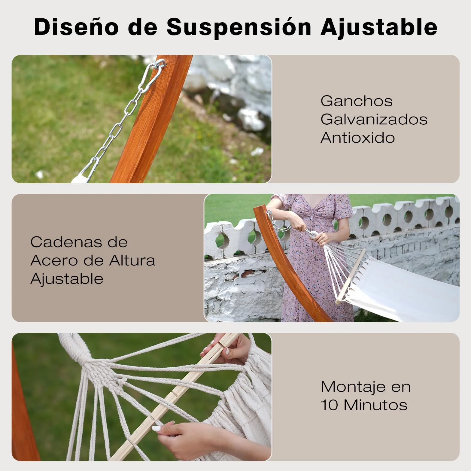 Hamaca con Soporte de Madera, Incluye 2 Hamacas, Carga 200 kg, 320x120x120 cm, Estructura Arqueada Estable de Madera, Altura Ajustable, para Jardín, Terraza y Balcón