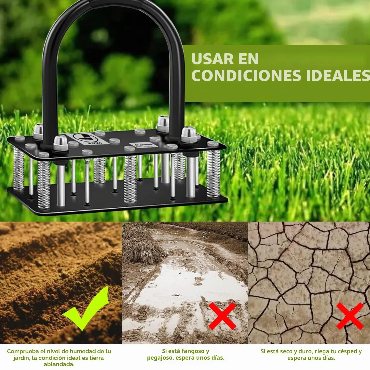 Aireador Cesped, Aireador de césped con 15 Púas de Hierro, Limpieza automática de Hojas y Suciedad, Escarificador Cesped Manual Ajustable en Altura para Cuidado del césped Patio Jardín