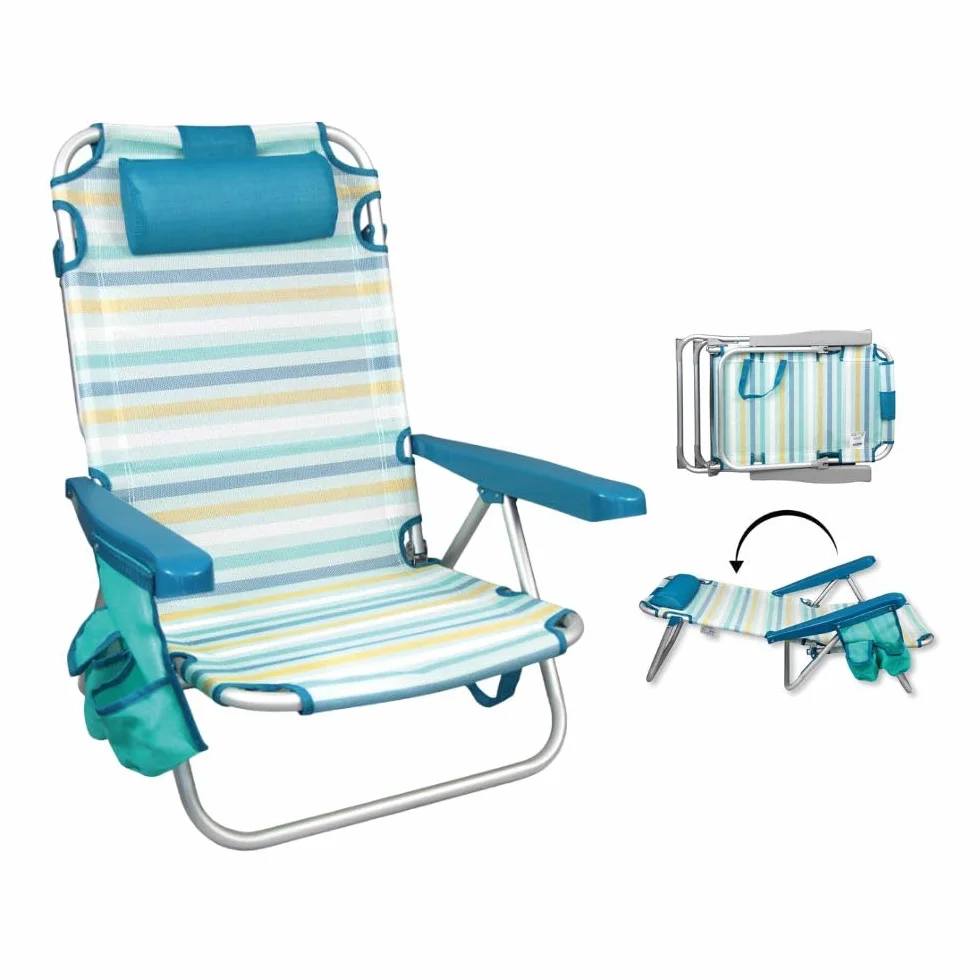Silla Playa Plegable multiposición - con reposacabezas, Almohadilla y Bolso Lateral - Estructura de Aluminio Ligera y Tela Transpirable - Asas de Mano integradas