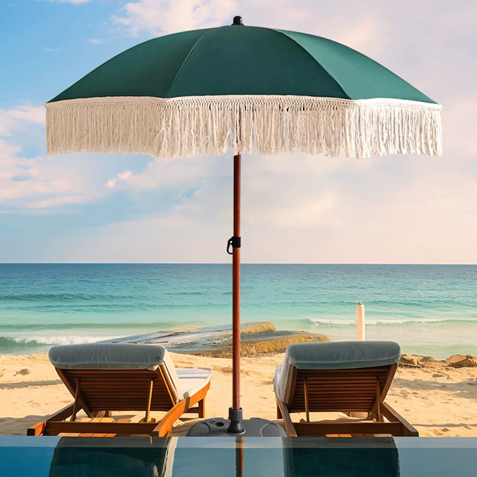 Genérico Sombrilla Jardín Verde para Terrazas Playa Patios, Parasol con Flecos Resistente al Viento, Impermeable y con Protección UV