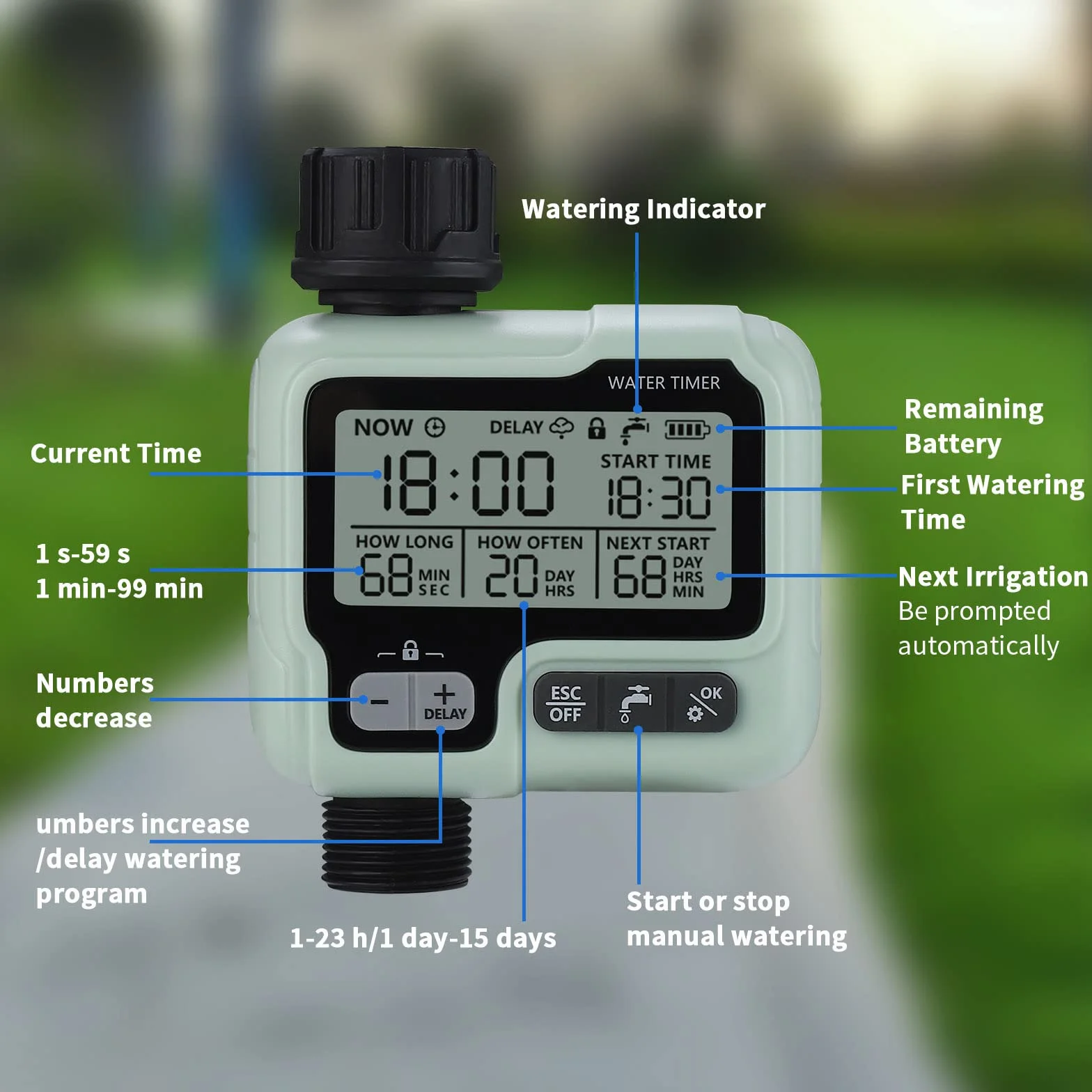 johgee Programador de riego Sistema de riego Programador riego de Control para césped de jardín, riego automático, retraso de Lluvia, Control Manual y Bloqueo para niños
