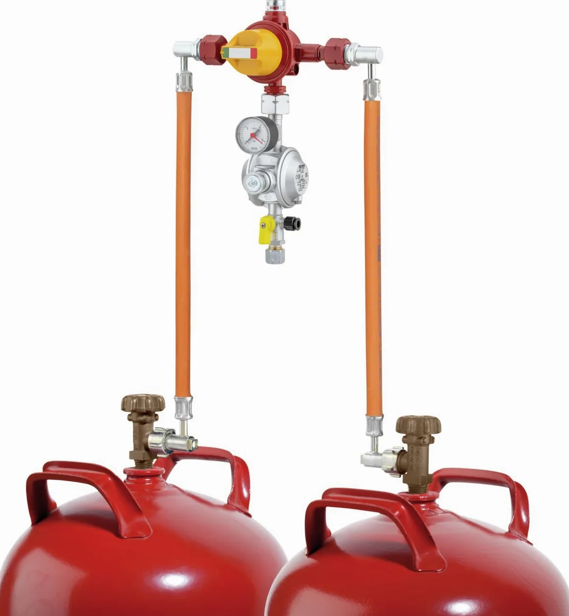 AUV - Sistema de válvula de conmutación automática para bombonas de gas, doble botella con regulador de baja presión, probador de fugas y protección contra sobrepresión, color rojo, hasta 16