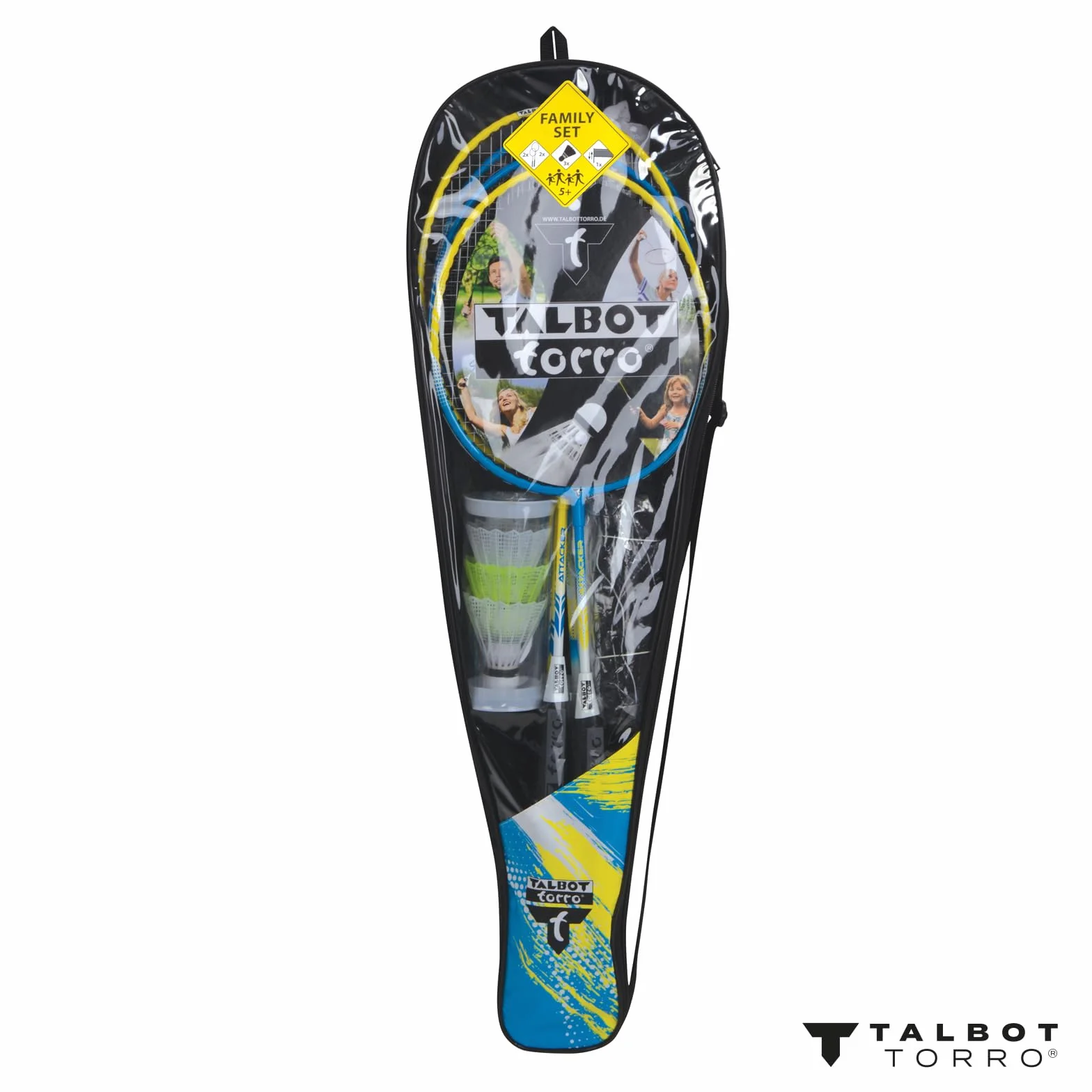 Talbot Torro Set de Badminton Family, Juego Completo con 2 Raquetas Junior 53 cm, 2 Raquetas Estándar, 3 Volantes, Red Ajustable, Bolsa