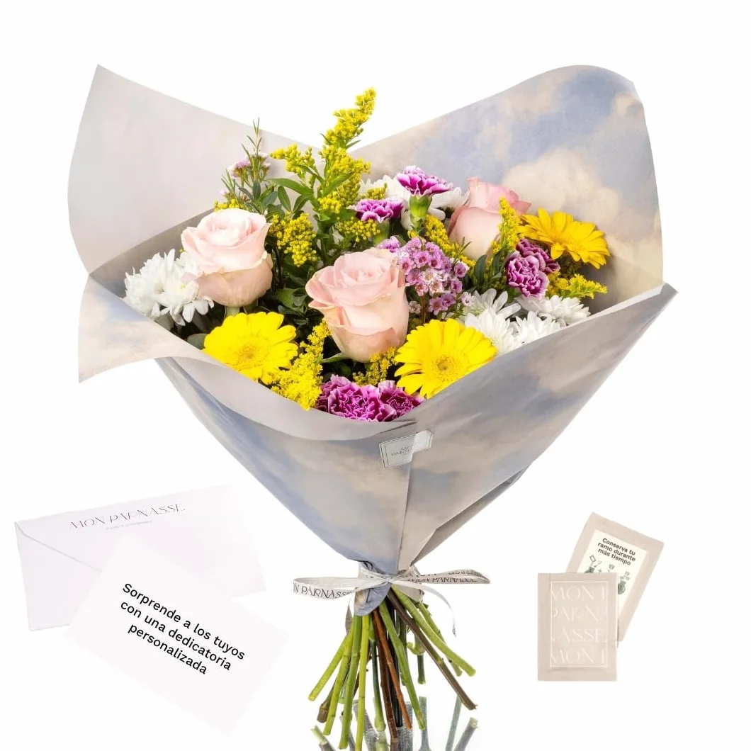 Mon Parnasse - Ramo de Flores Naturales con Dedicatoria, Incluye Tarjeta Personalizada, Set Alimento Floral, Envoltorio Elegante, Regalo, Frescura y Aroma - Plenitud