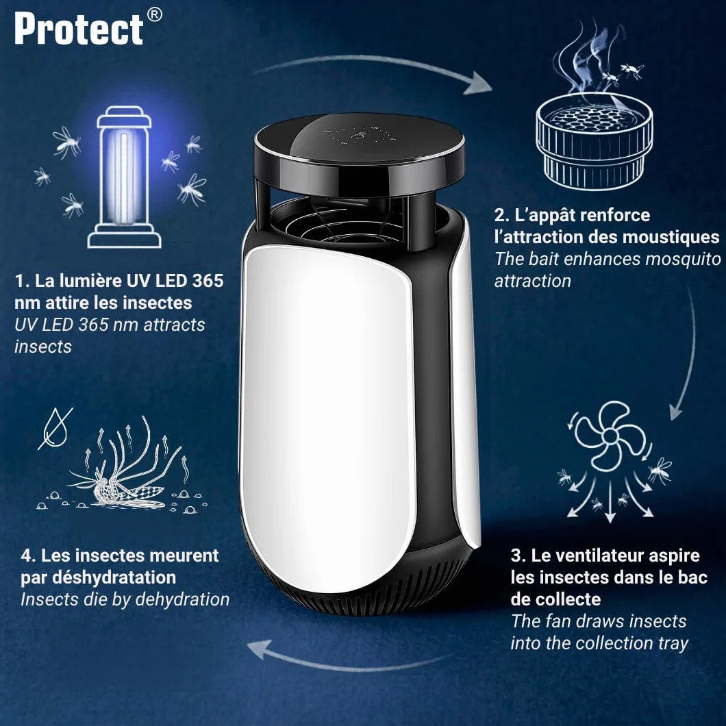 Trampa antimosquitos de succión con lámpara UV LED 365 nm, exterminador de insectos silenciosos, cobertura 30 m², temporizador 4/6/12h, USB-C, 2 cebos incluidos