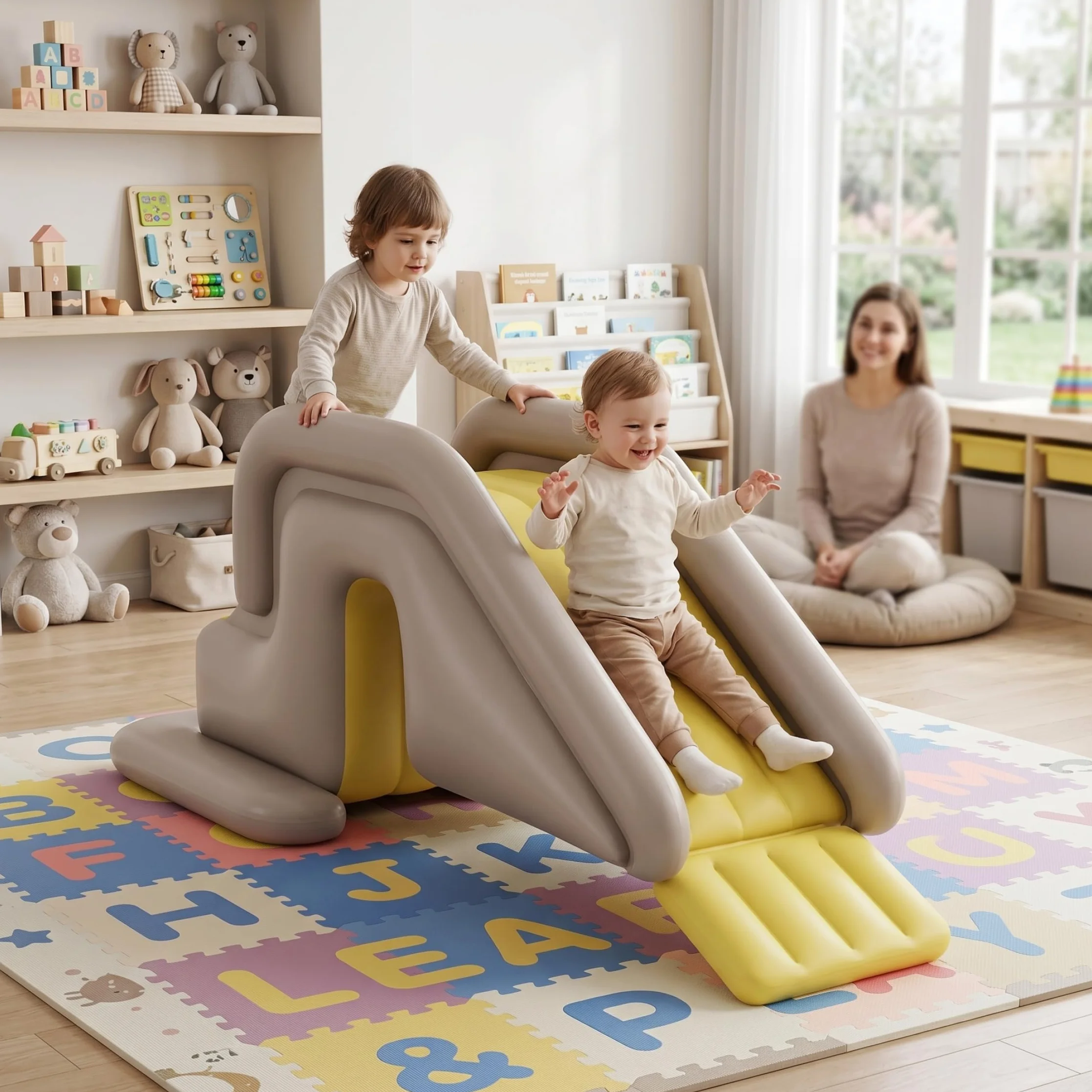 Tobogán inflable para piscina, tobogán para piscina con amplia base rellenable con agua: fácil instalación y almacenamiento de PVC para interiores y exteriores para niños adultos (caqui, con bomba