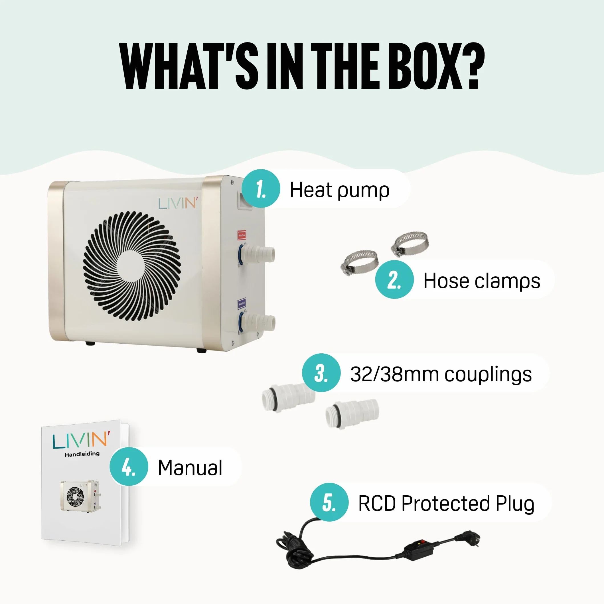 LIVIN' Minibomba de calor para piscina de 5 kW, accesorios para piscina con 32/38 mm de diámetro, para calentar piscinas grandes con 20.000 L de capacidad, indicador LED, corriente de 230 V,