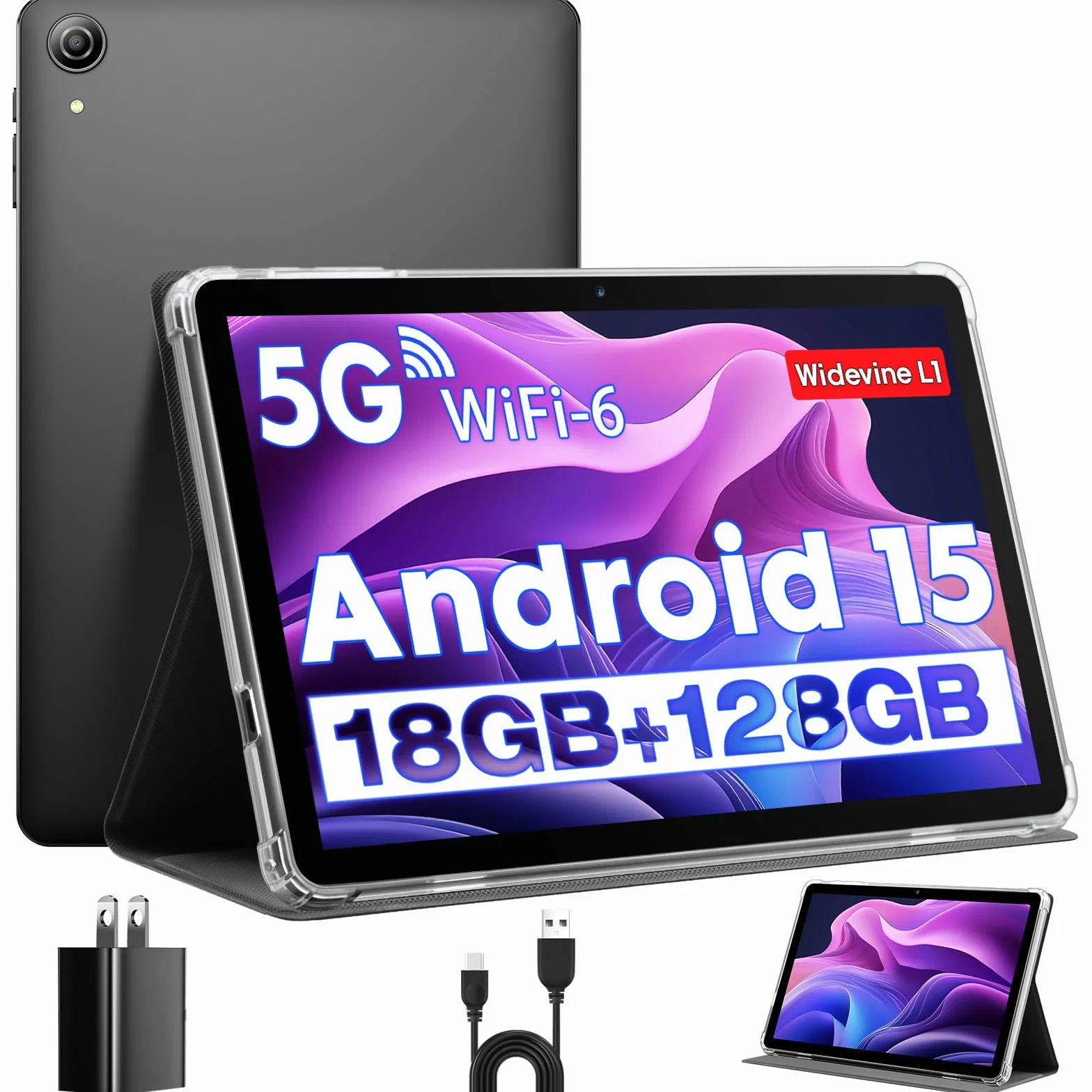 Tablet 10 Pulgadas Android 15 Unisoc T30 Quad-Core 18GB RAM 128GB ROM 1TB TF Pantalla HD IPS 1280x800 Cámara Dual 5MP+8MP 6000mAh WiFi 6 BT 5.0 Widevine L1 K70