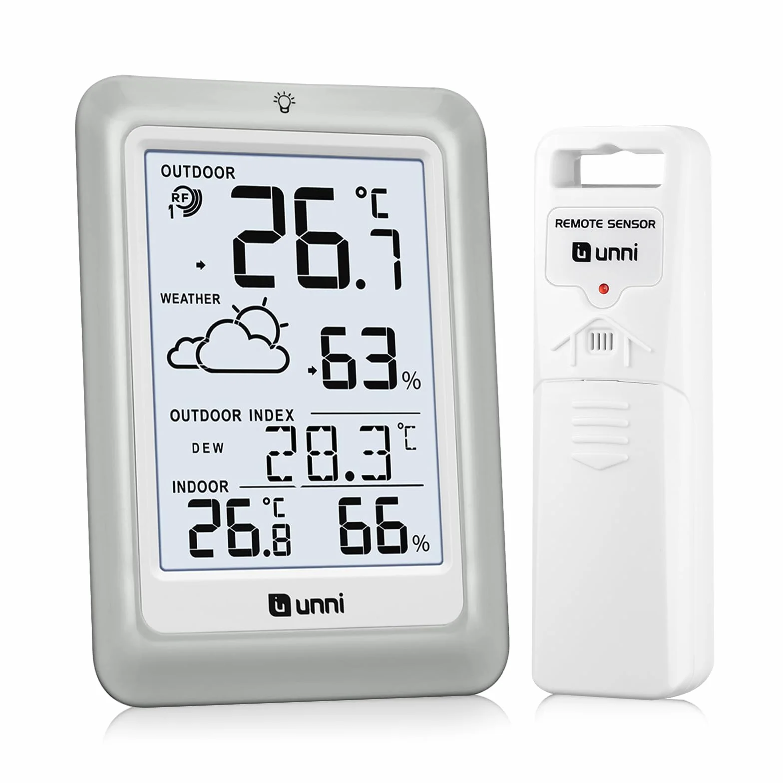 Termómetro inalámbrico para interiores y exteriores funciona con baterías, Sensor remoto de 100 m de alcance y pantalla con retroiluminación
