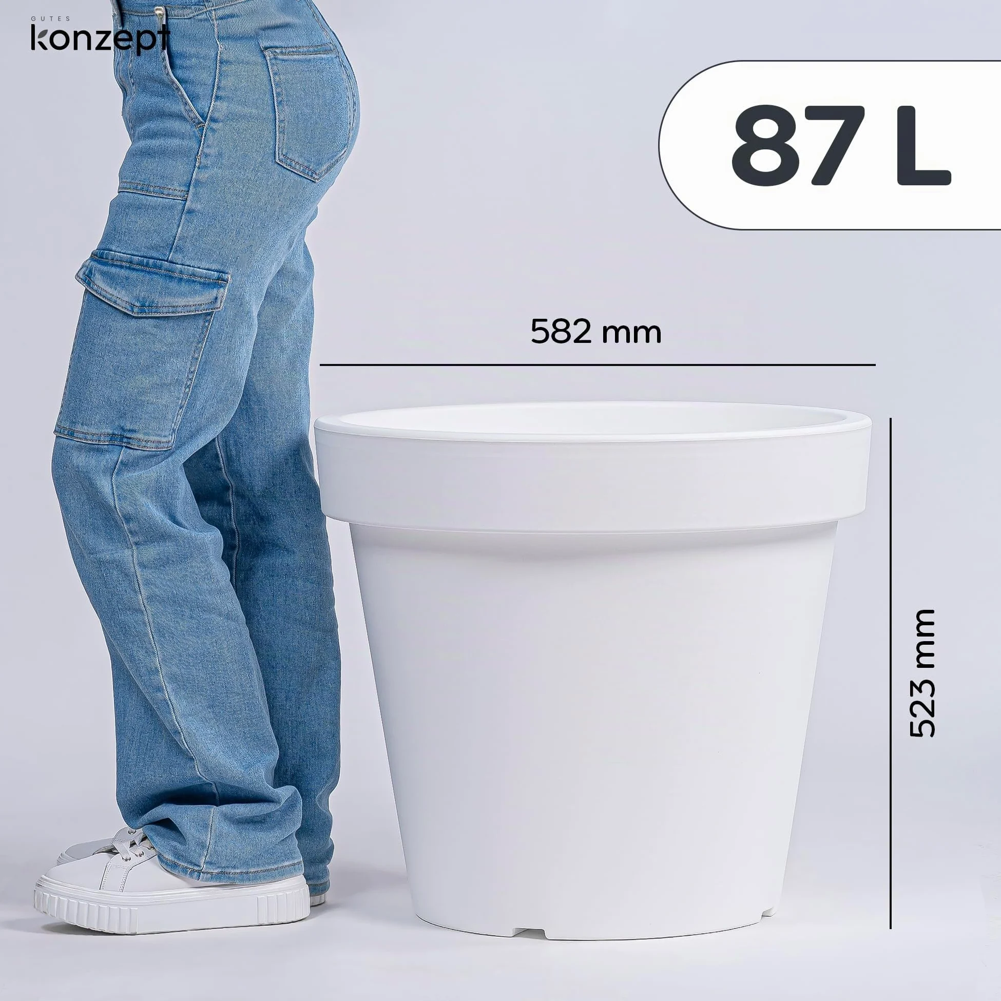 KONZEPT Macetero de 58 cm de diámetro, altura de 52 cm – Macetero grande exterior 87 L en forma cónica, macetero exterior robusto y estable de plástico, resistente a los rayos UV y a las heladas, para