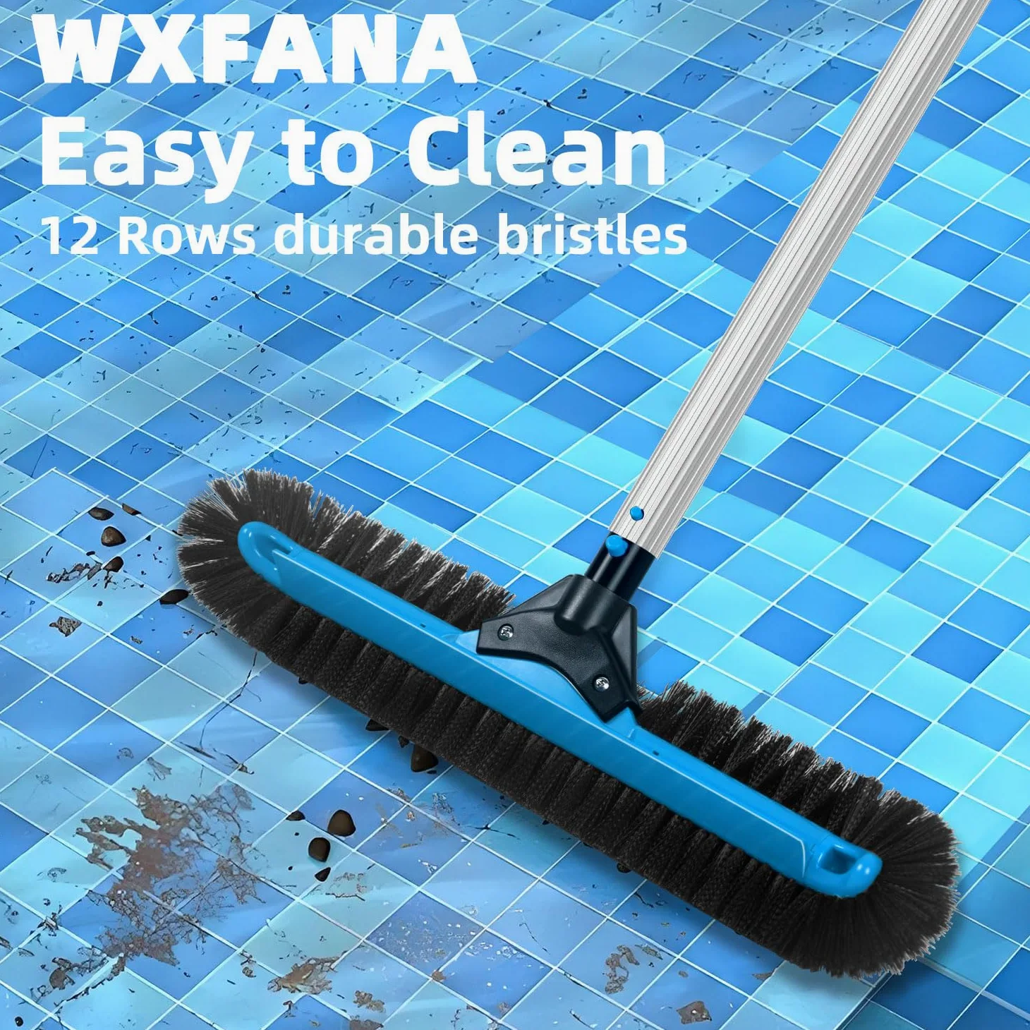 Cabezal de cepillo de piscina de 20 pulgadas de ancho, cepillo de limpieza de piscina resistente con cerdas de 12 filas, cepillos de piscina enterrados/superiores con extremos curvos, azul