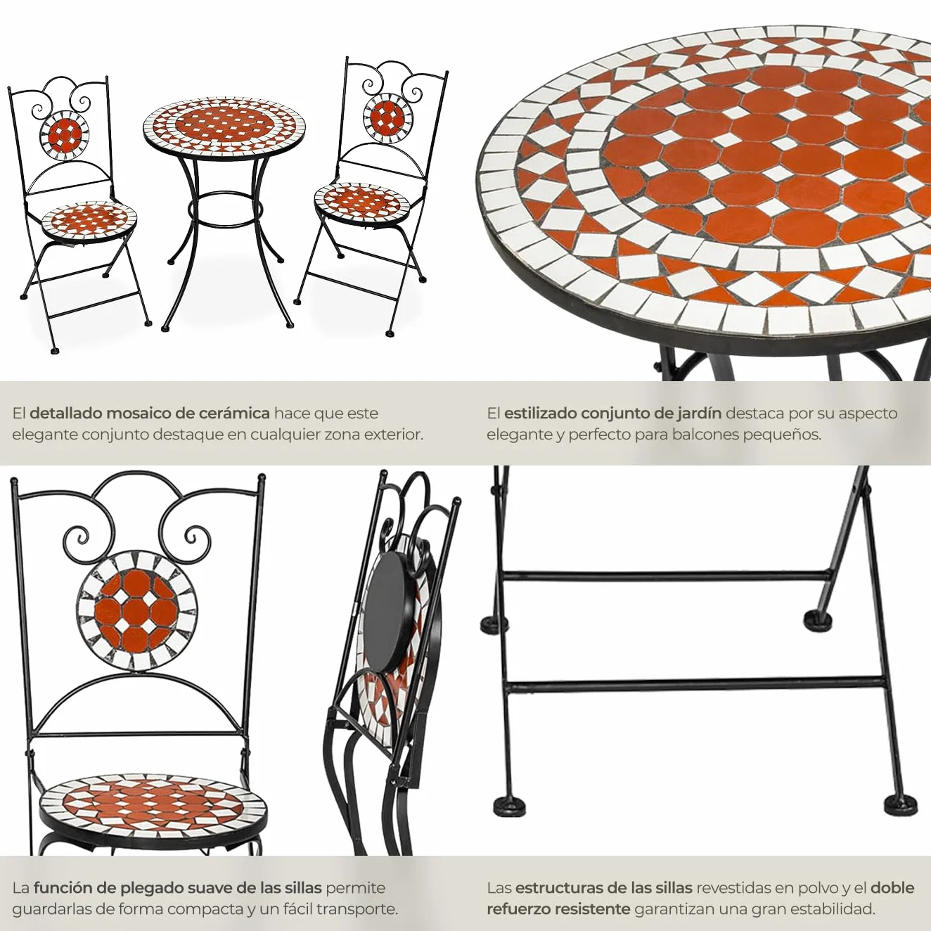 tectake® Conjunto Muebles Jardín Exterior de Metal y Cerámica, 1 Mesa y 2 Sillas Plegables, Muebles Terraza Impermeables y Resistentes a Intemperie, Gran Capacidad de Carga, Fácil Limpieza - marrón