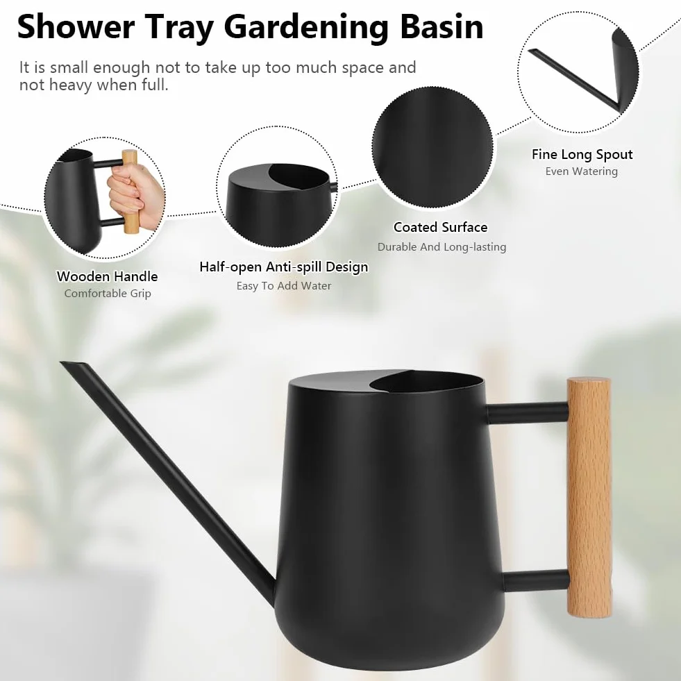 OFFCUP 35oz 1L Regadera Pequeña, Regadera de Acero Inoxidable para Jardín, Regadera con Caño Largo y Cómodo Mango de Madera, Regadera para Plantas, para Vivienda Exteriores Interior (Negro)