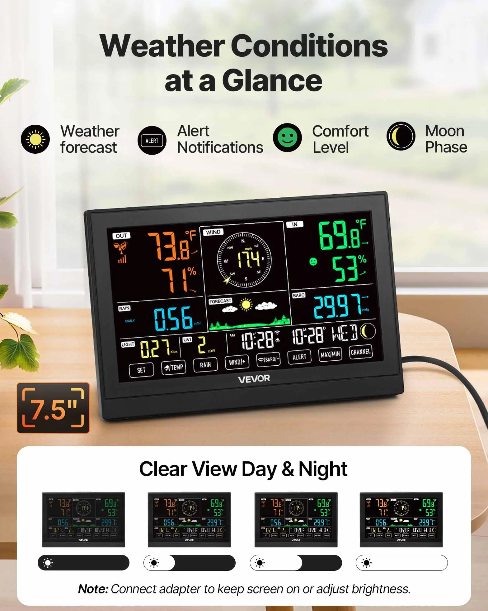 VEVOR Estación Meteorológica Wifi 7 en 1, con App, Pantalla VA de 190,5 mm, Sensor Solar Inalámbrico, Pluviómetro, Pronóstico del Tiempo, Velocidad del Viento, Temperatura, Humedad y Precipitación