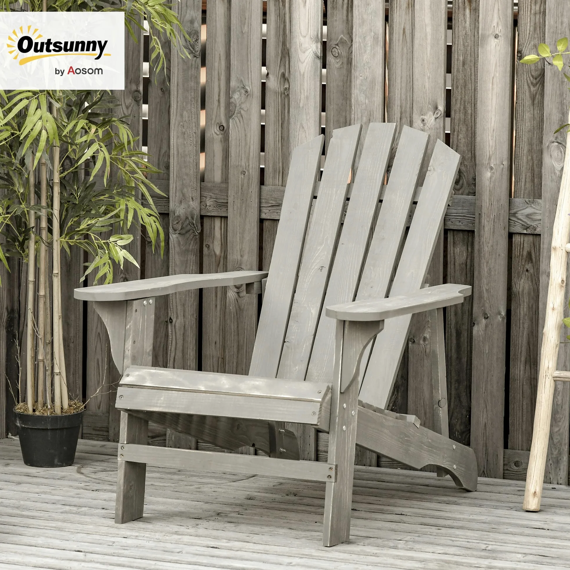Outsunny Silla Adirondack de Madera Silla de Jardín con Asiento Extra Ancho Carga 150 kg para Patio Terraza Balcón 78x89x88 cm Gris Claro
