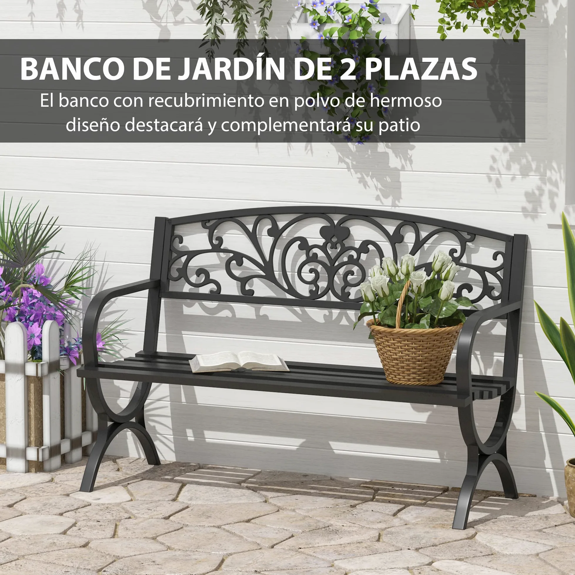 Outsunny Banco de Jardín 2 Plazas Hierro Clásico Patrón Floral 240 kg 127x60x85 cm Negro