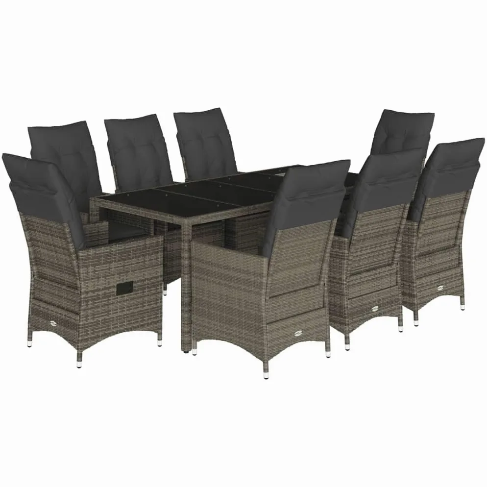 Hothingwell - Juego de mesa de jardín (9 piezas, vidrio templado, color gris | Respaldo ajustable, cojines de goma extraíbles, resina trenzada duradera, fácil mantenimiento