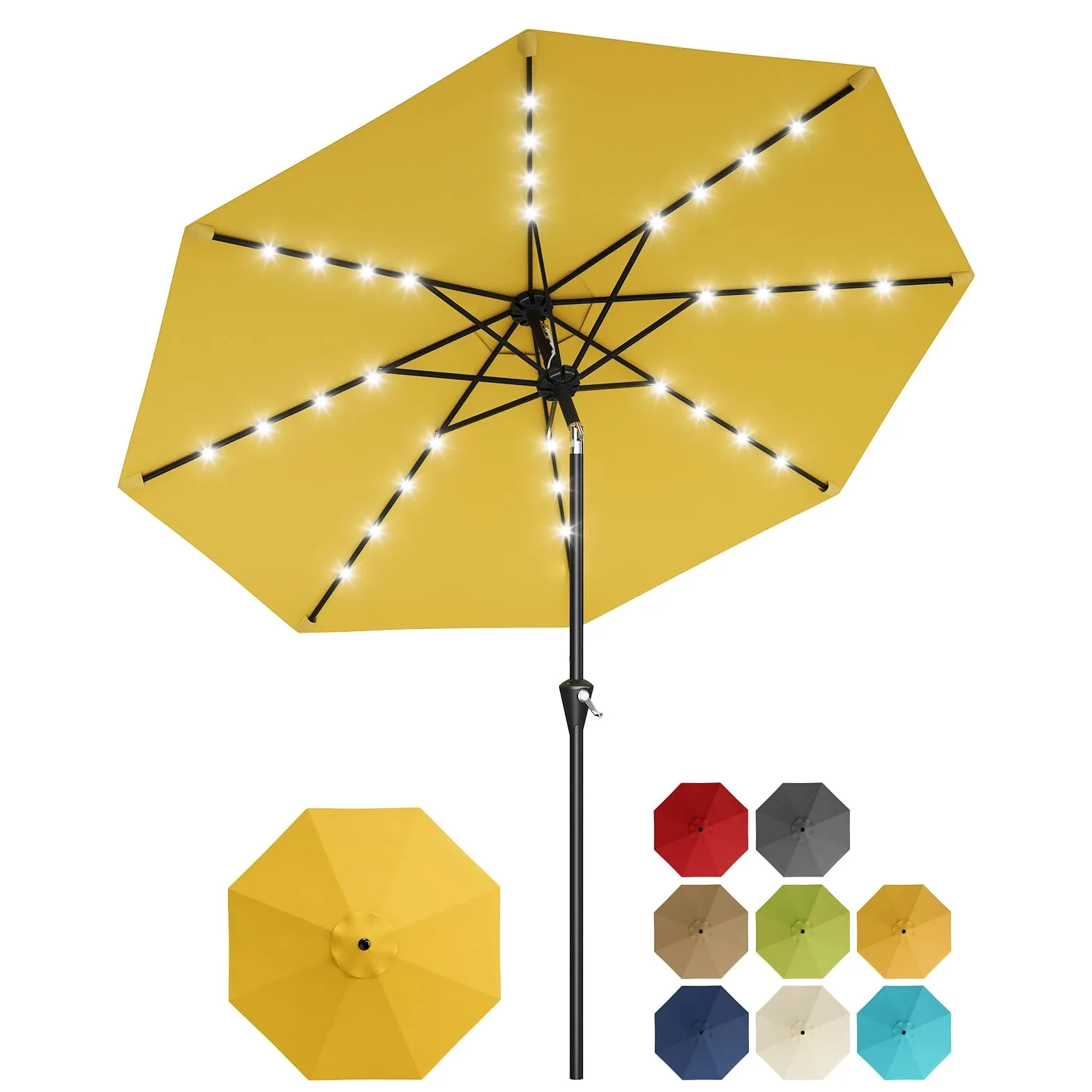 Garvee Sombrilla de Jardín LED Solar 300 cm, Parasol Exterior de Poliéster 180g/m² con 8 Varillas Acero, Manivela, Inclinación 30° Ajustable y Protección UV, Ideal para Terraza y Patio