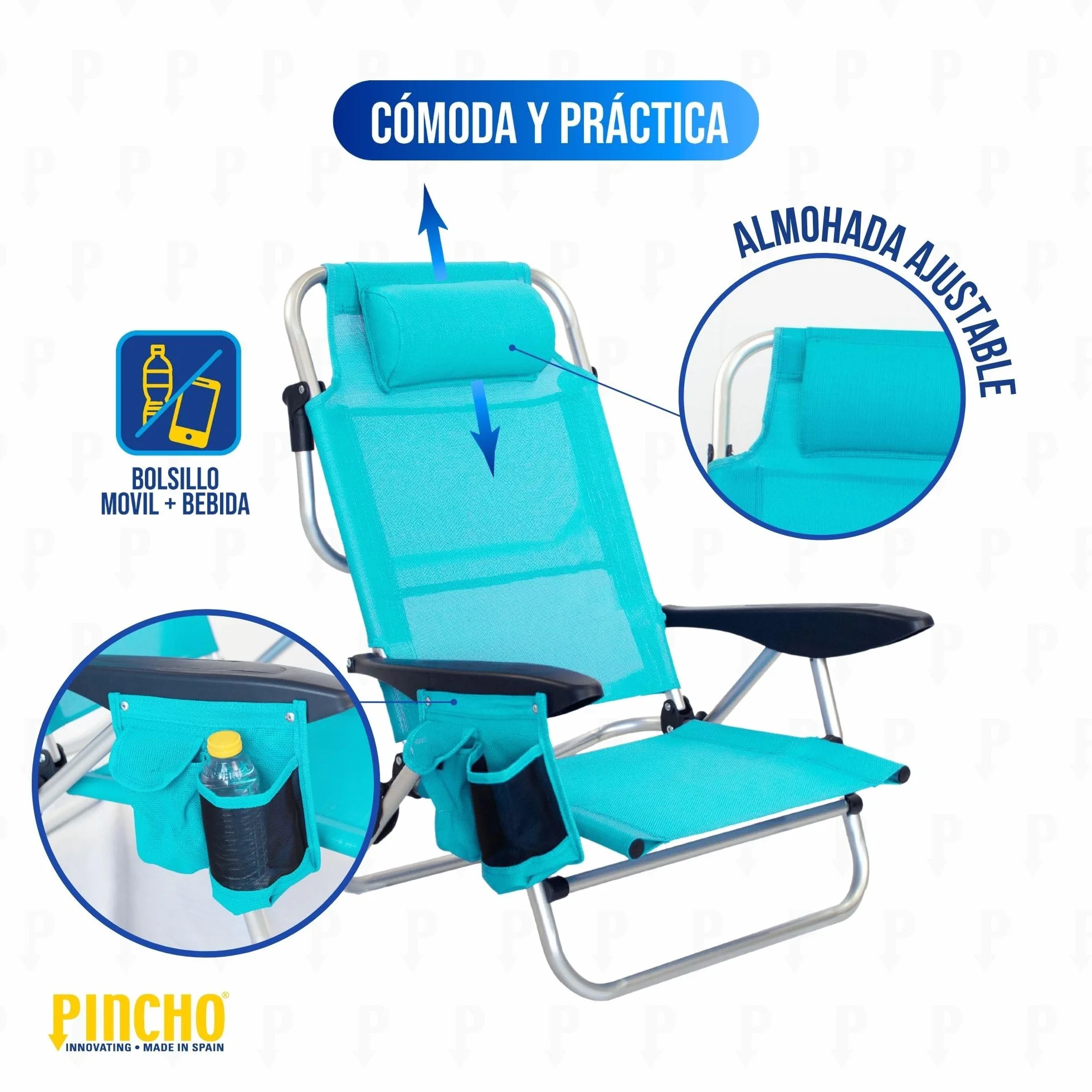 Pincho Silla de Playa Plegable 4 Posiciones Plegable con Cojin Ajustable y Bolsillos Portaobjetos Estructura de Aluminio Tejido Transpirable Resistente hasta 110 kg