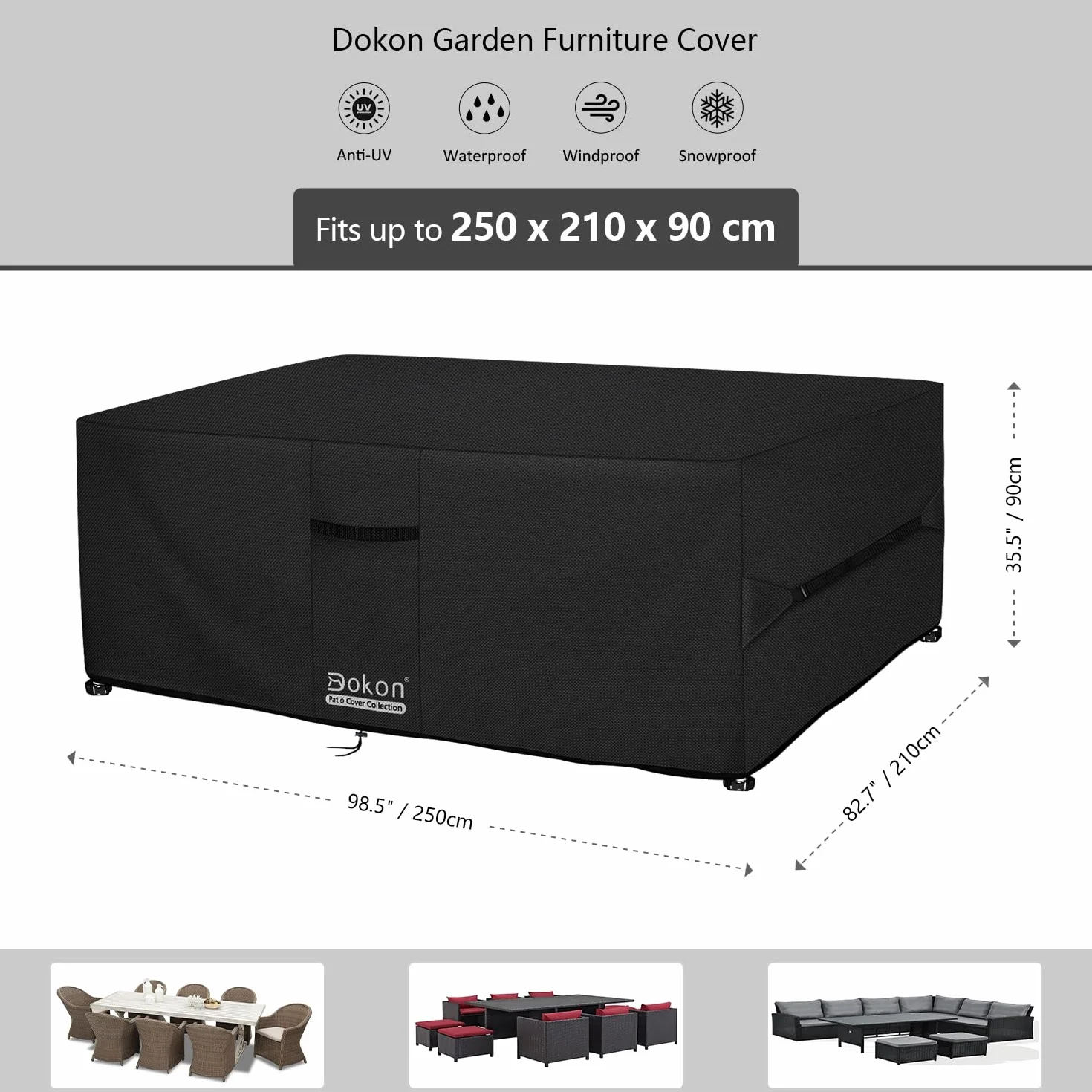 Dokon Funda para Muebles de Jardín Impermeable Funda Protectora Mesa Exterior con Salidas de Aire, Anti Viento, Anti UV Tela Oxford 420D Cubierta Muebles Terraza, Rectangular (250x210x90cm) - Negro