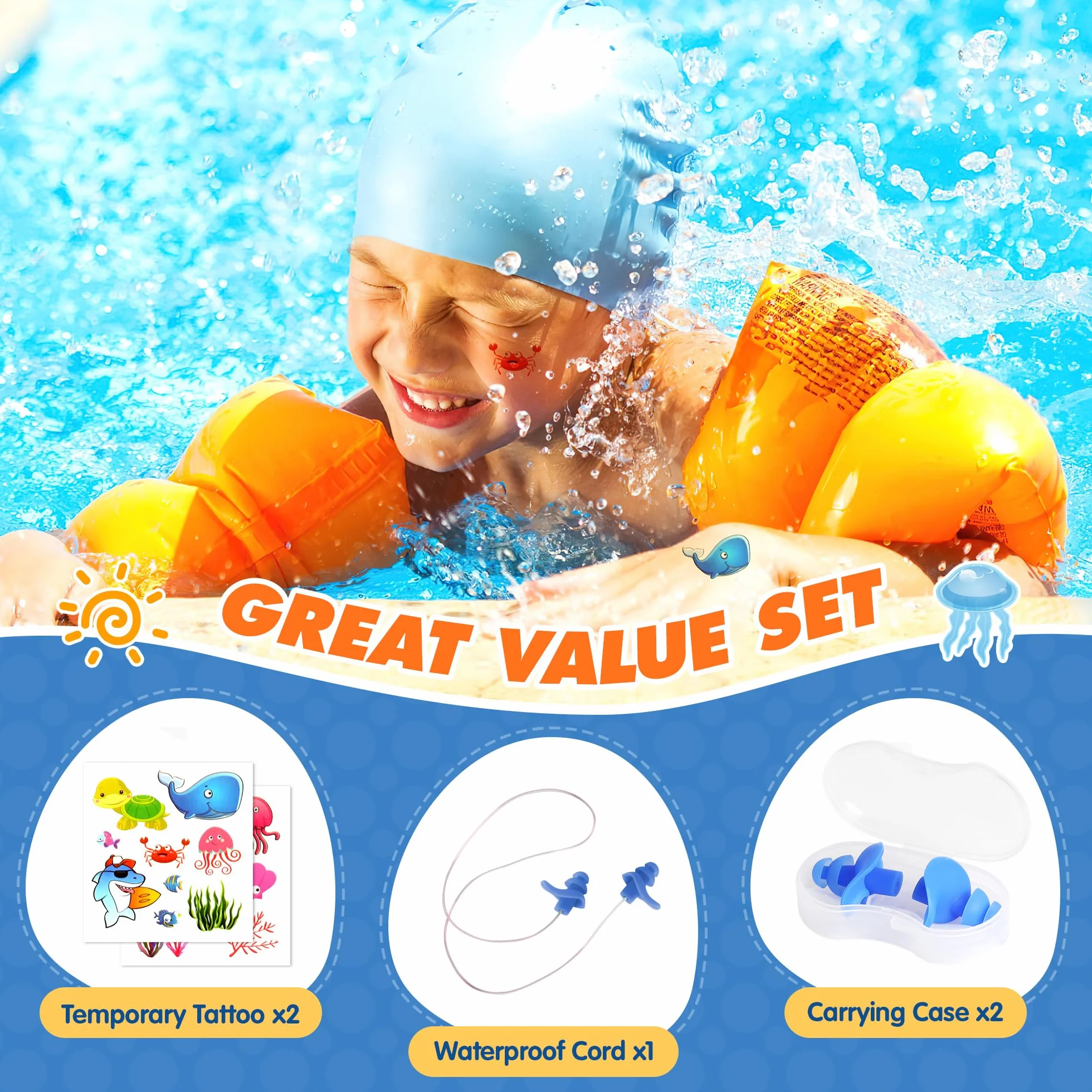 Hearprotek Tapones para los Oídos Natación 2 Pares Silicona Reutilizables a Prueba de Agua Nadadores Duchas Deportes Acuáticos Tamaño Niños Azul Naranja