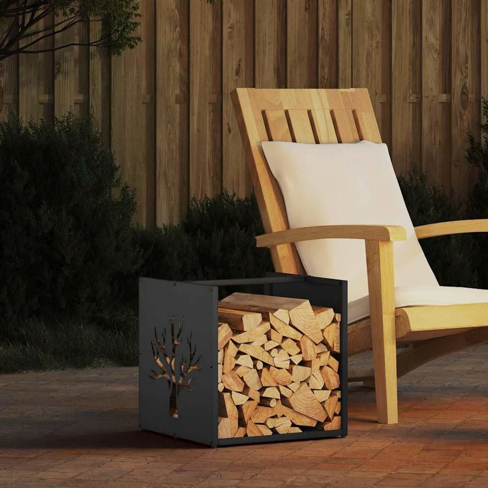 Estantería para leña negra 40 x 40 x 40 cm de acero laminado en frío, leña, estante de madera, soporte para leña para interior, salón, horno, terraza, almacenamiento ordenado y apilamiento en