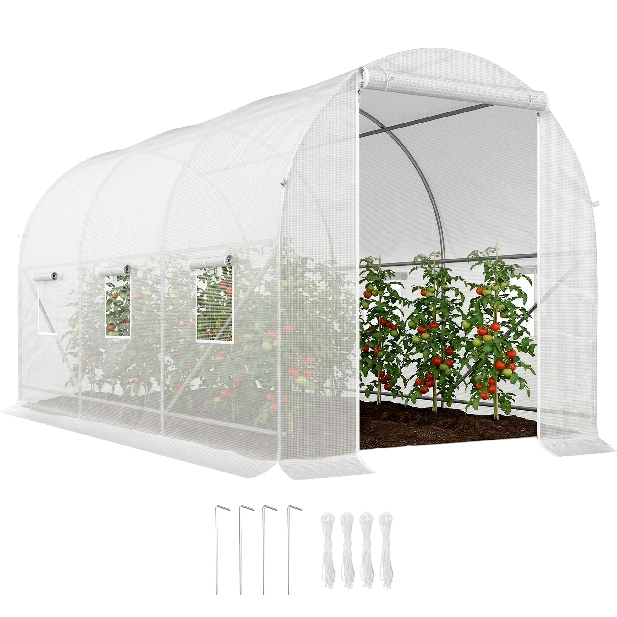Outsunny Invernadero de Exterior 3,5x2x2 m Túnel con 6 Ventanas de Malla Puerta Enrollable Cremallera Anti-UV Blanco