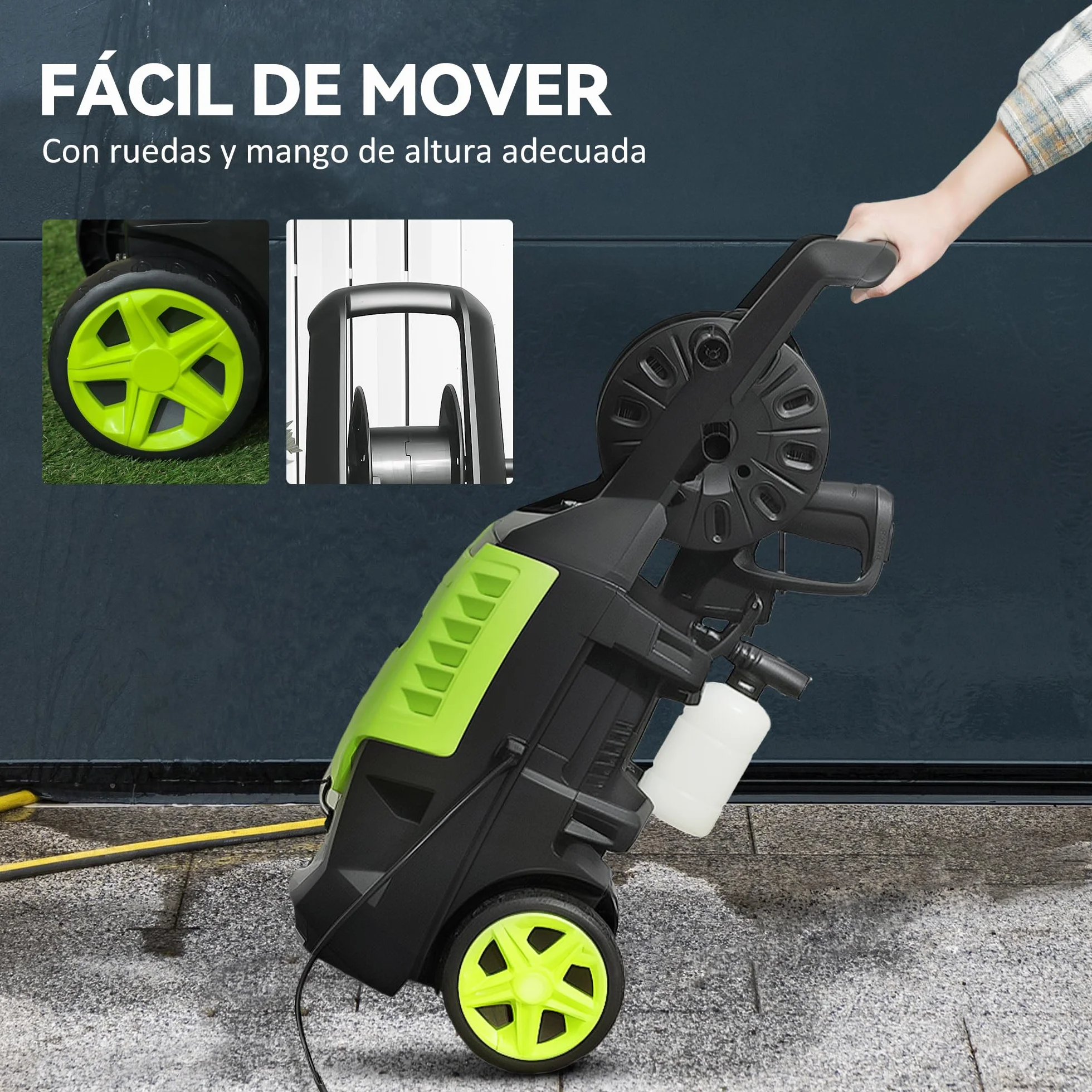 Outsunny Hidrolimpiadora de Alta Presión 2200W, Presión 170 Bar, Caudal 420 L/h, con Bomba de Aluminio, Parada Automática, Manguera de 6 m, Incluye Botella de Espuma y Boquilla Ajustable Verde y Negro