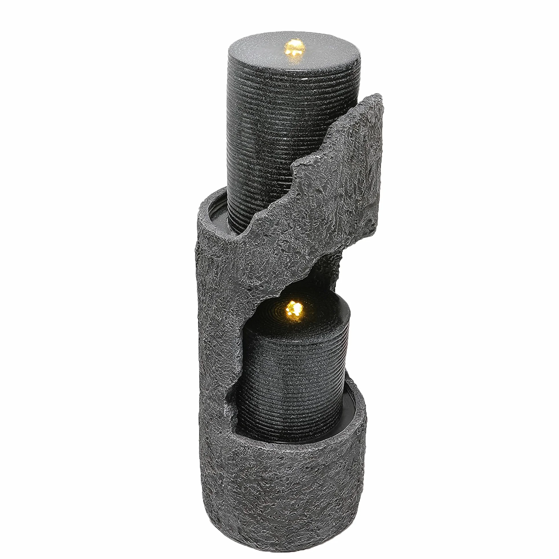 Fuente de Agua para Jardín y Exteriores, Fuente de Jardín con Iluminación LED, Cascada de 2 Niveles para Patio, Fuente Decorativa con Bombas, Decoración de Interior para Terraza (Gris)