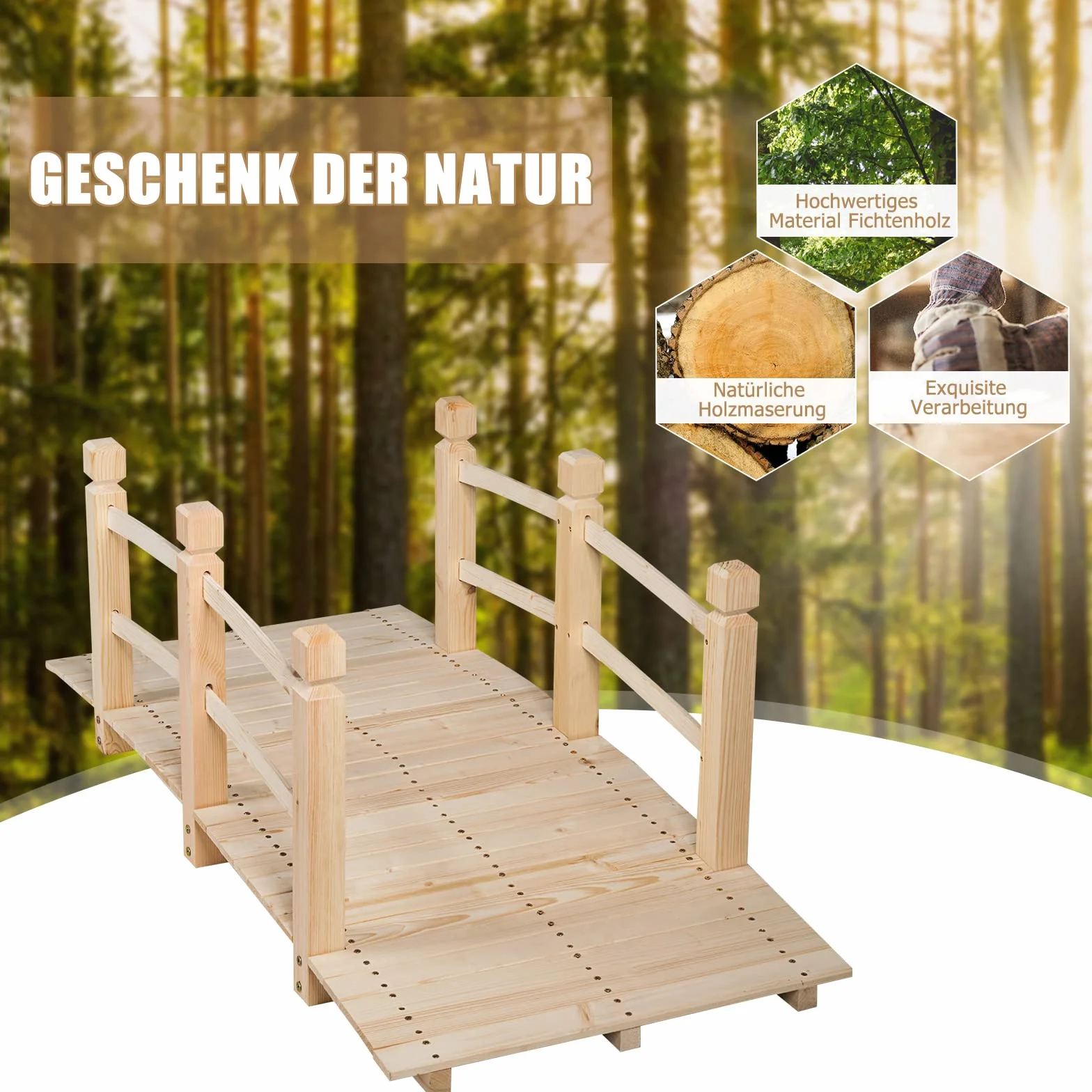 RELAX4LIFE Puente de Madera con Barandilla, Puente CE Jardín, Madera CE Abeto, Puente para Estanque, Carga 100 kg, Puente Decorativo Estable y Duradero, 150 x 67 x 55 cm (Natural)