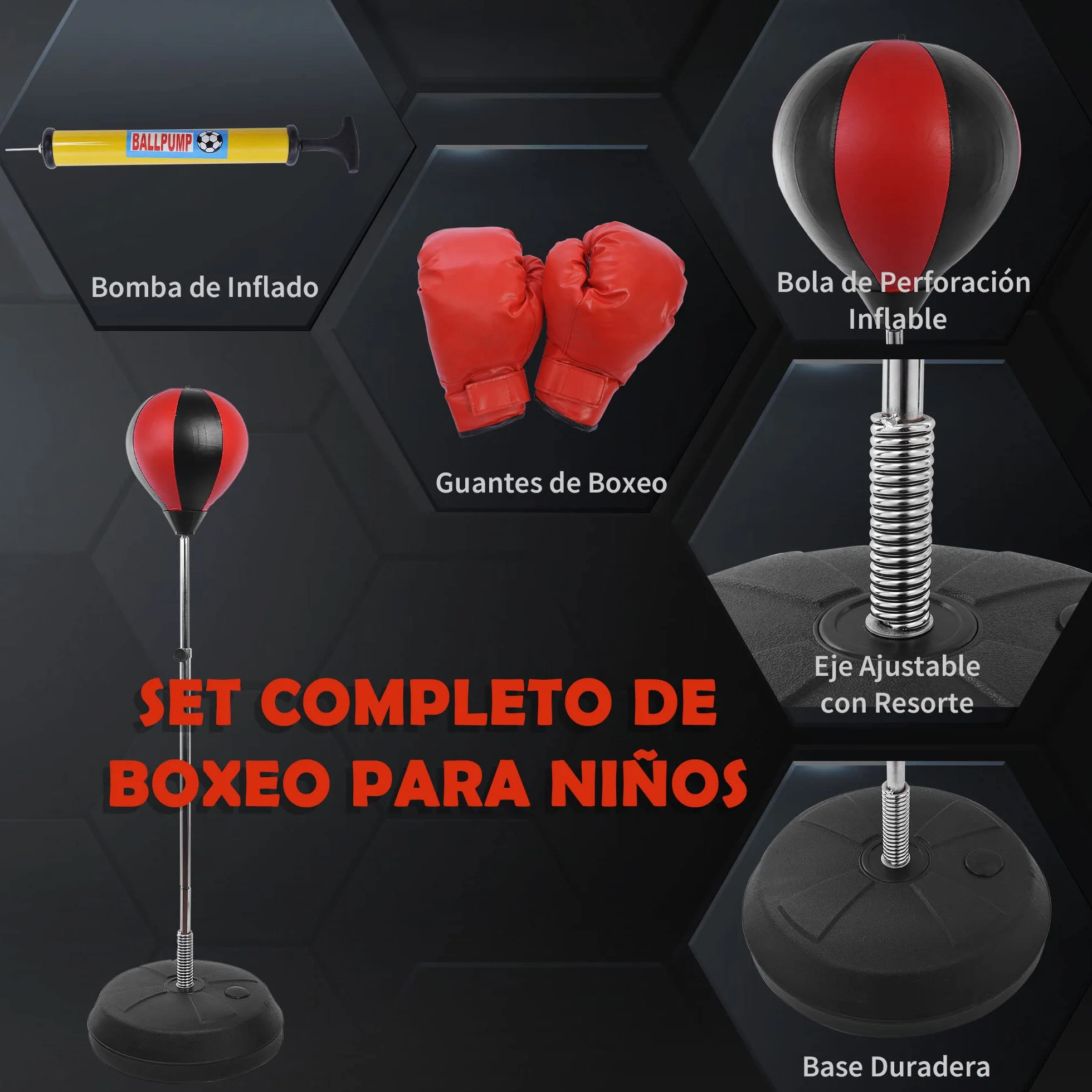 HOMCOM Saco de Boxeo de Pie Punching Ball Altura Ajustable 126-144 cm Base Rellenable Agua Arena Guantes Inflador Rojo Negro