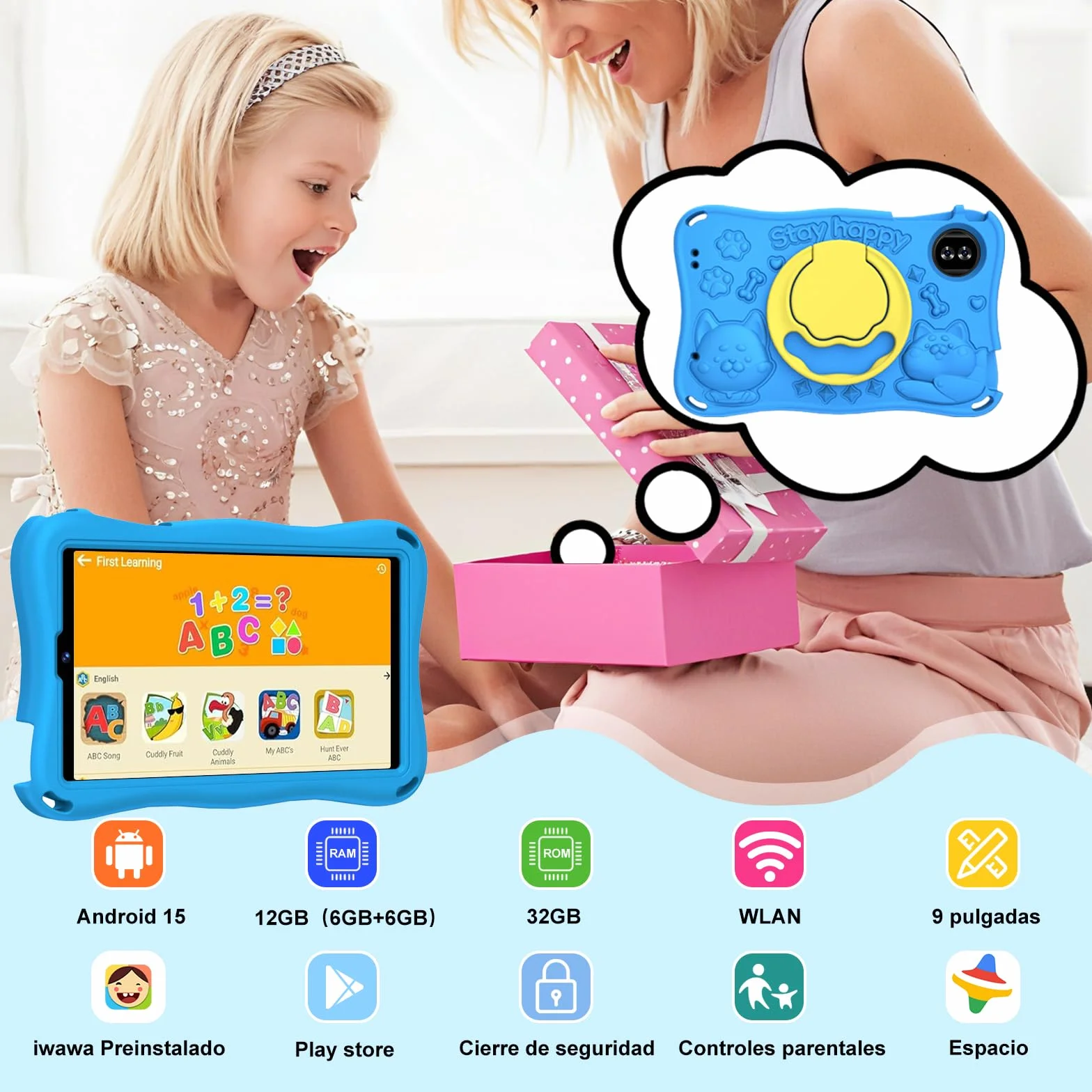 Tablet para niños 9 pulgadas Android 15 12 GB RAM 1 TB TF 5G WiFi Widevine L1 Octa-Core 5000 mAh control parental funda Eva Azul